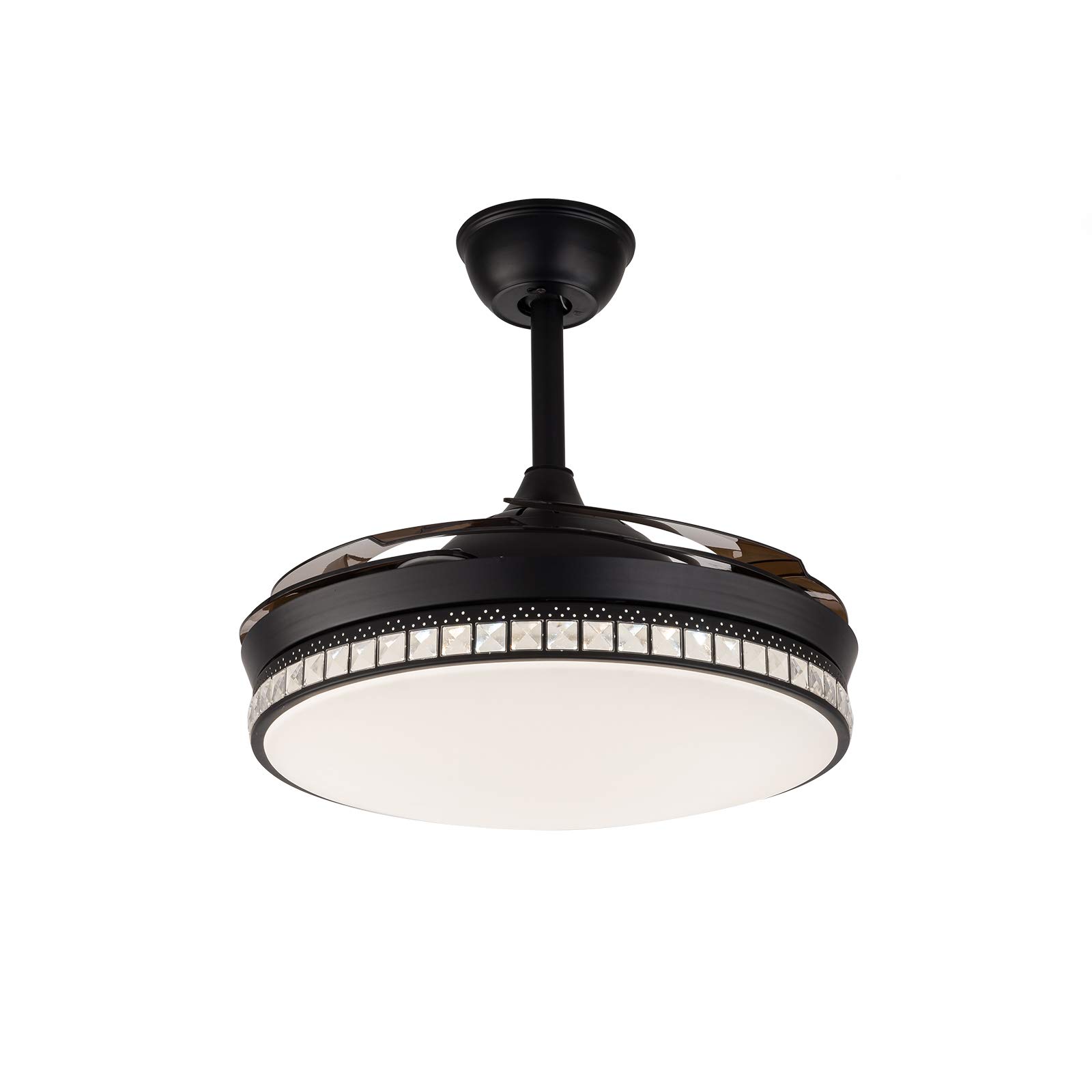 42 Inch Modern Crystal Ceiling Fan with Remote Control - 4 Retractable Blades, Quiet Motor & Timer Function - Energy Efficient Indoor Ceiling Light with Fan for Bedroom, Living Room, Kitchen (Black) | Perfect for Home Cooling & Stylish Lighting Decor