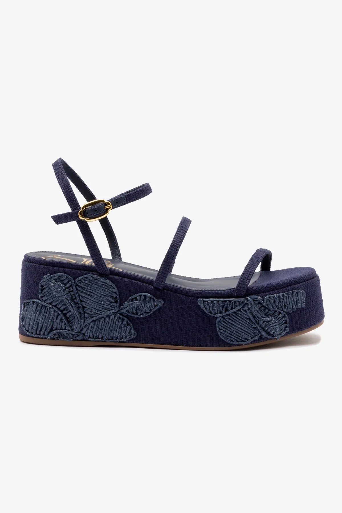 Gio Women's Flatform Sandals in Navy Blue Raffia with Hibiscus Embroidery - Perfect for Beach Vacations, Summer Weddings & Boho Fashion