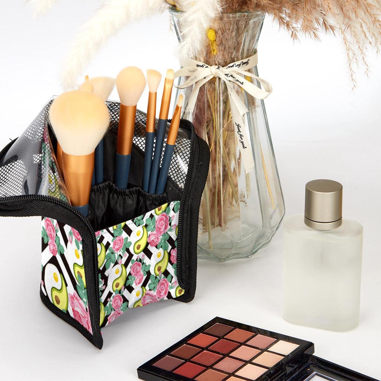 Premium Makeup Brush Organizer Bag with 12 Slots - Yin Yang Avocado Egg Rose Design, Portable Cosmetic Brush Holder Case for Travel & Home Storage (Perfect for Makeup Artists & Beauty Enthusiasts)