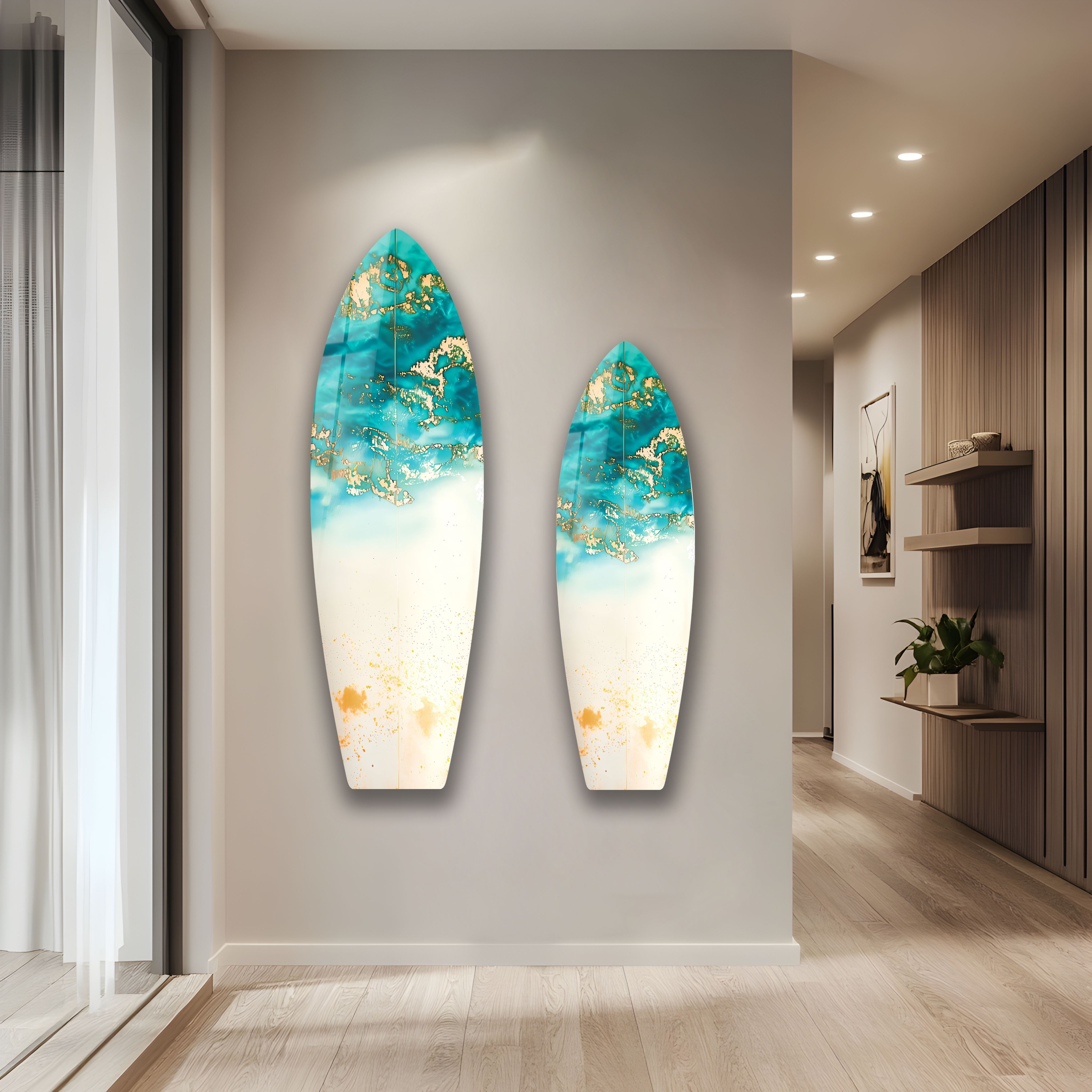 Blue Abstract Golden Details Surfboard Wall Art - Coastal Decor for Beach House, Living Room & Bedroom - Perfect Surfing Theme Home Decoration