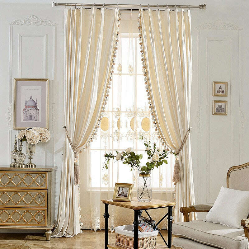 Luxury Blackout Velvet Curtains with Tassel Trim - European Style Elegance for Living Room & Bedroom - Pearl White