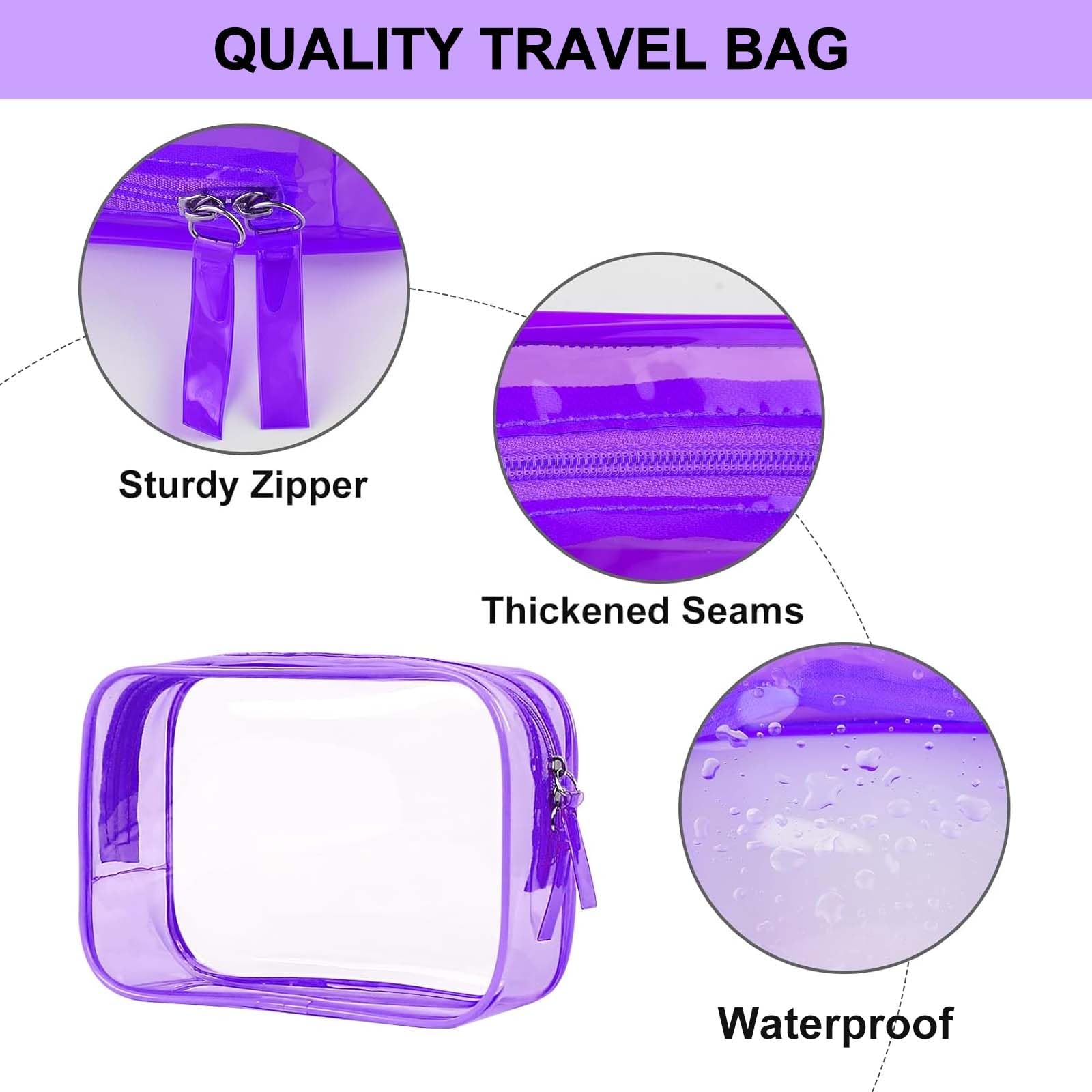 PLULON 2 Pack Clear TSA Approved Travel Toiletry Bag - Quart Size Leakproof Cosmetic Organizer for Women & Men (Purple) - Perfect for Airplane Carry-on, Gym & Vacation Essentials