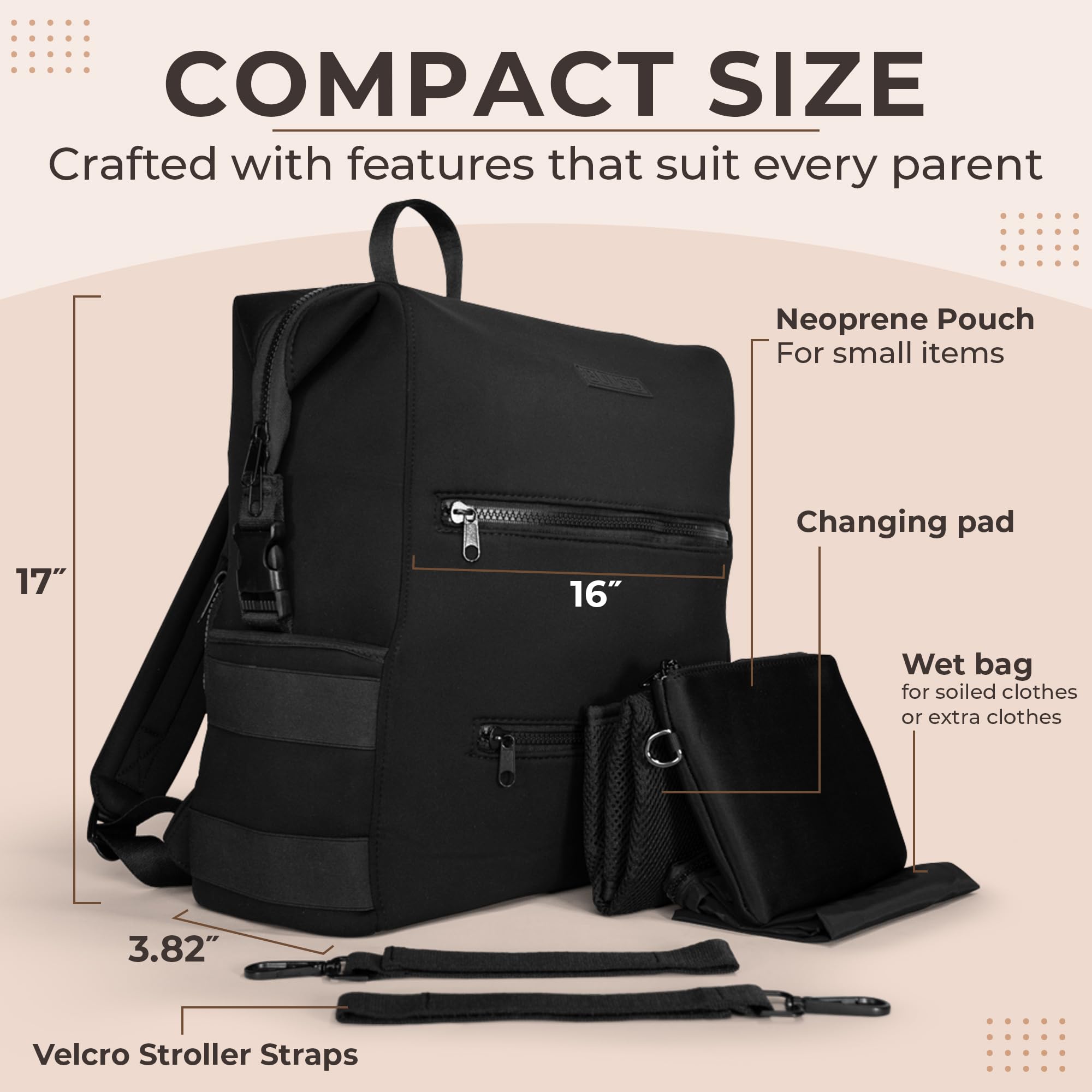 Lightweight Waterproof Diaper Bag Backpack for Baby - Neoprene Travel Changing Bag with Insulated Pockets, Stroller Straps & Wet Dry Compartment | Perfect for Moms, Dads & Daycare (Black)