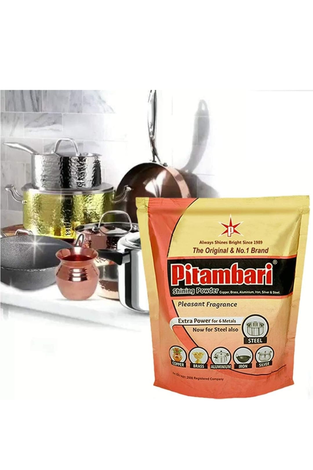 Pitambari Shining Powder for 6 Metals (Copper, Brass, Aluminum, Iron, Silver, Steel) - 4 Pack (50g Each) | Utensil Cleaning Soap for Puja & Dish Washing | Perfect for Religious Ceremonies & Kitchen Cleaning