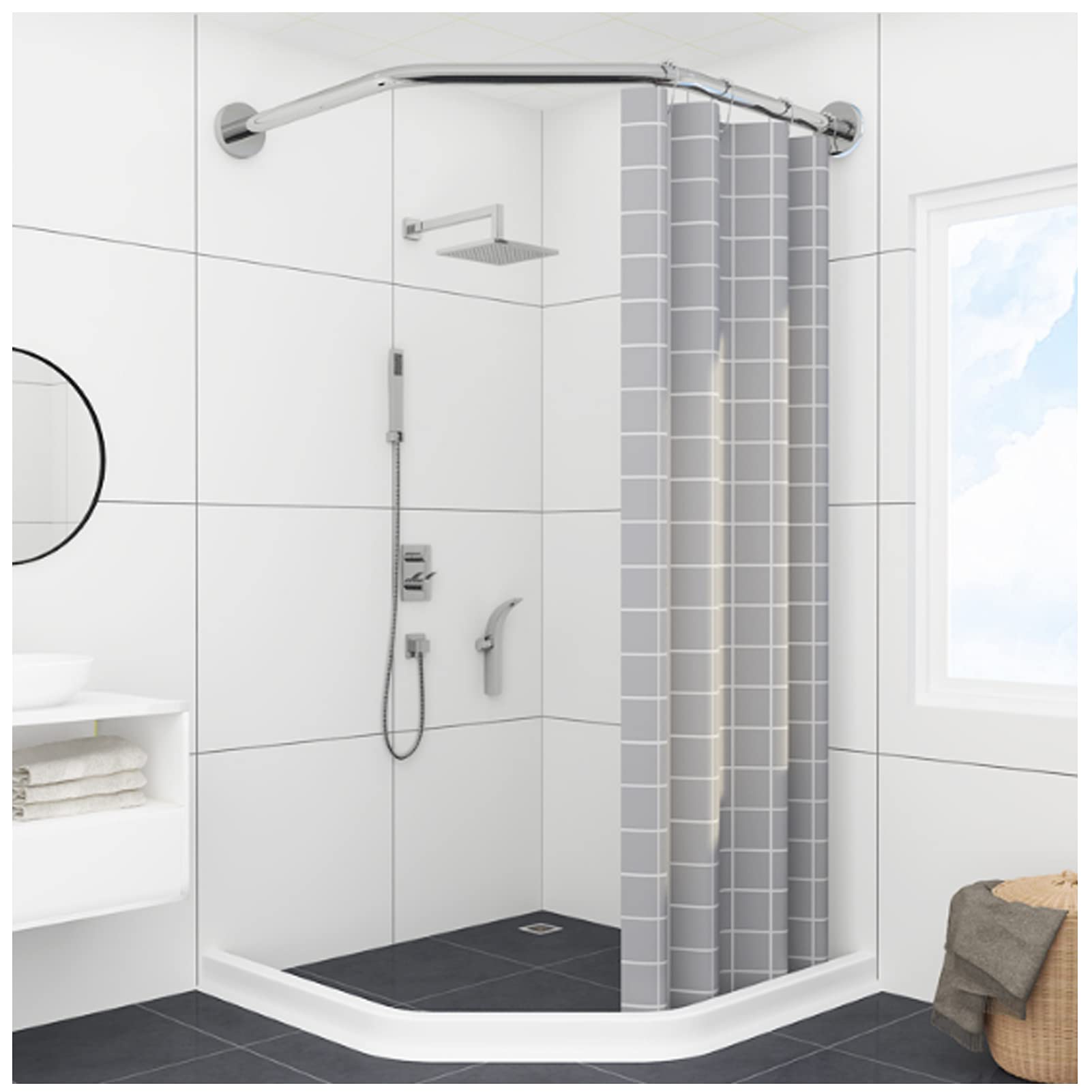 Stainless Steel Adjustable Curved Shower Rod - No Drill Corner Shower Rail for Bathroom, Extendable Shower Pole to Prevent Water Leaks | Perfect for Small Bathrooms, Shower Stalls & Space Saving Solutions