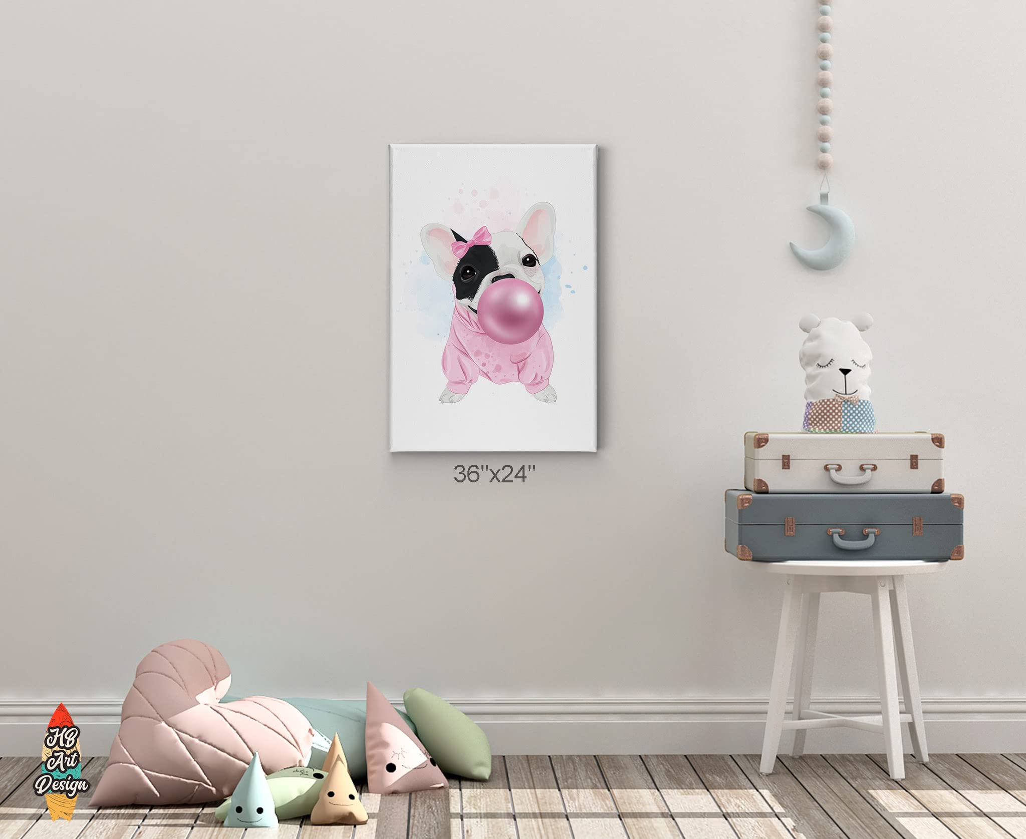 French Bulldog Pop Art Canvas Print - Pink Bubble Gum Portrait, Dog Lover Gift, 40x30 Inch Wall Decor for Living Room, Kids Bedroom & Nursery | HB Art Design