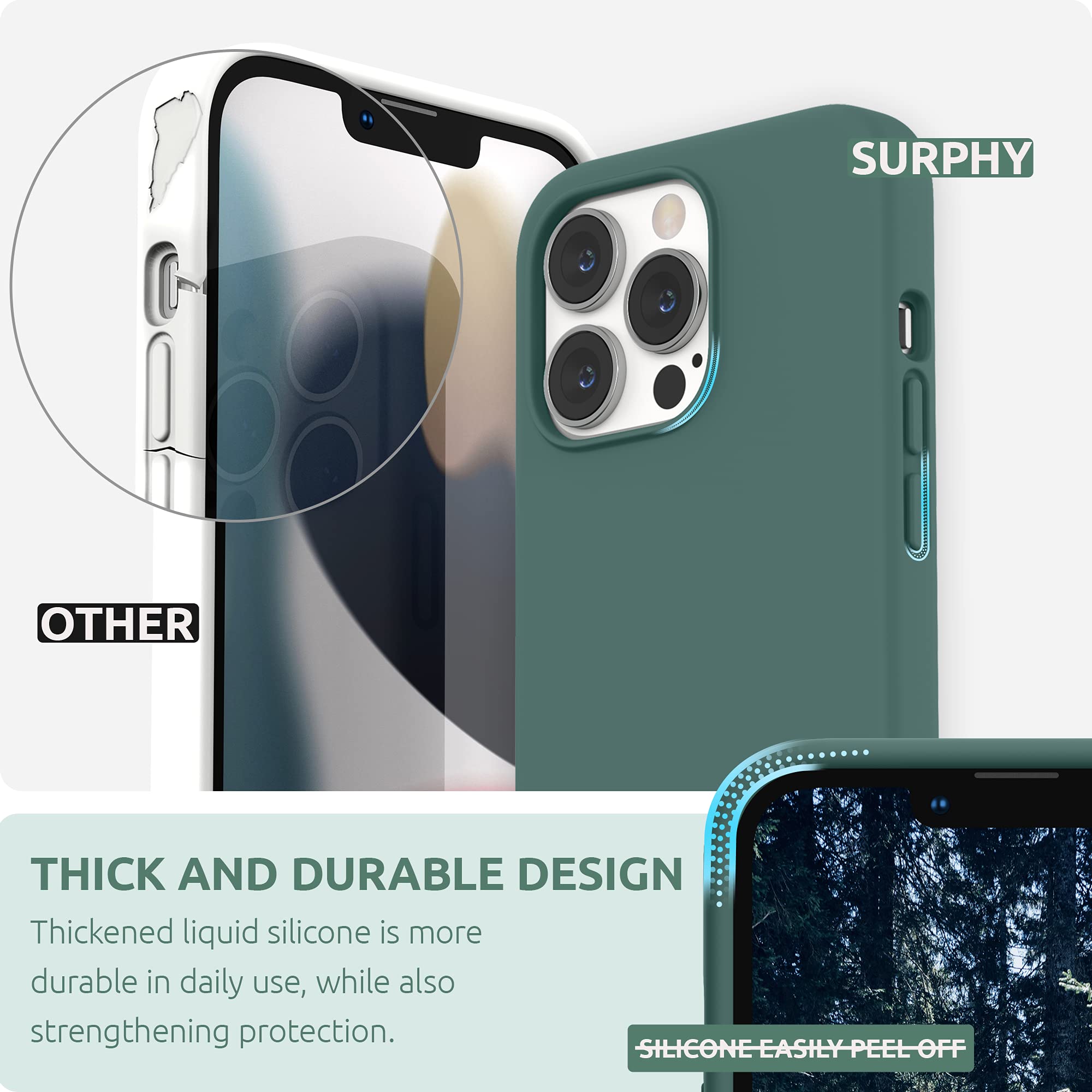 Premium SURPHY Liquid Silicone Case for iPhone 13 Pro (6.1-inch 2021) with Microfiber Lining - Shockproof Protective Phone Cover in Pine Green - Perfect for Daily Use, Travel & Outdoor Activities