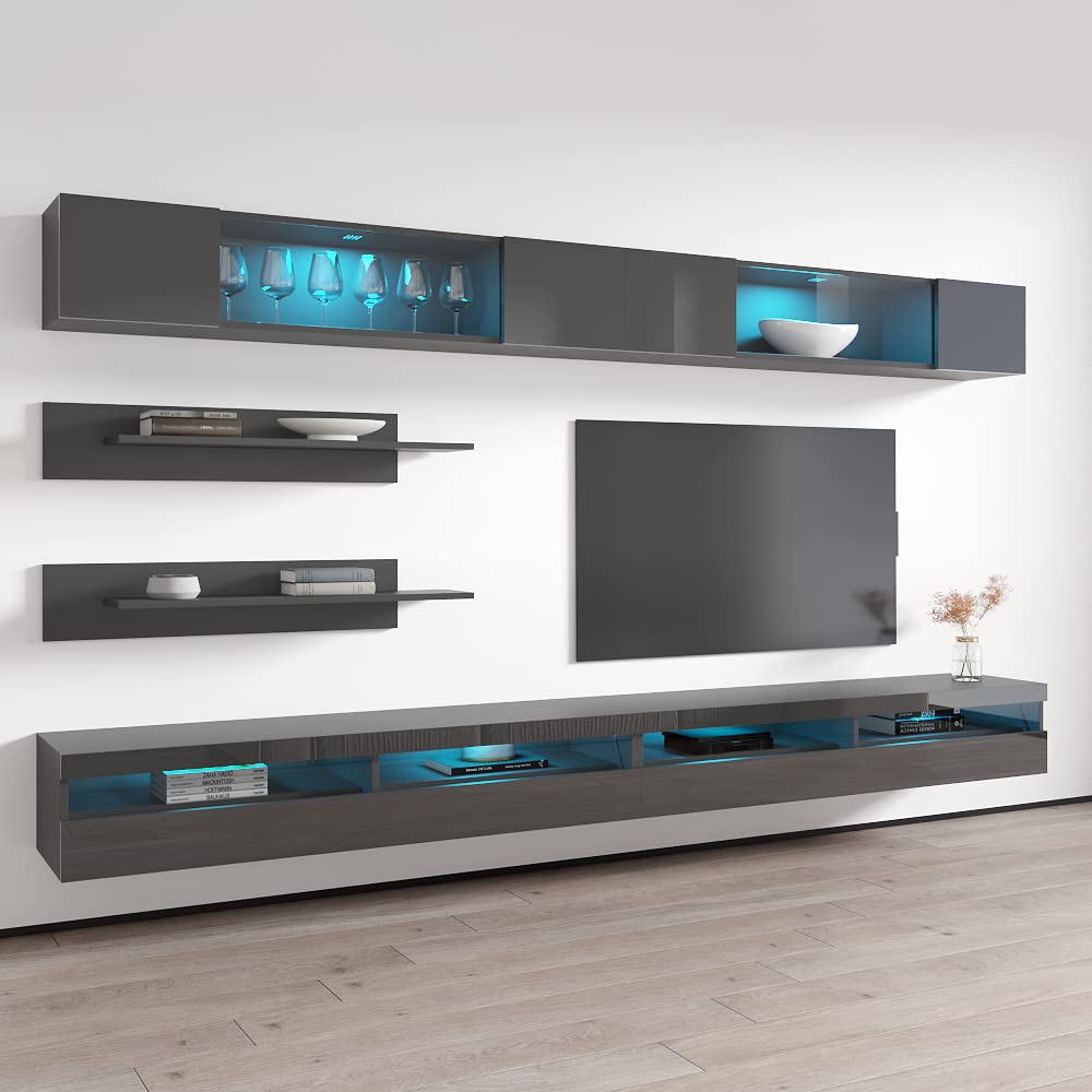 Modern Floating TV Stand with Storage & LED Lights - Wall-Mounted Entertainment Center for Bedroom & Living Room - Space-Saving TV Console with Shelves - Gray - Perfect for Small Spaces & Home Theater Setup