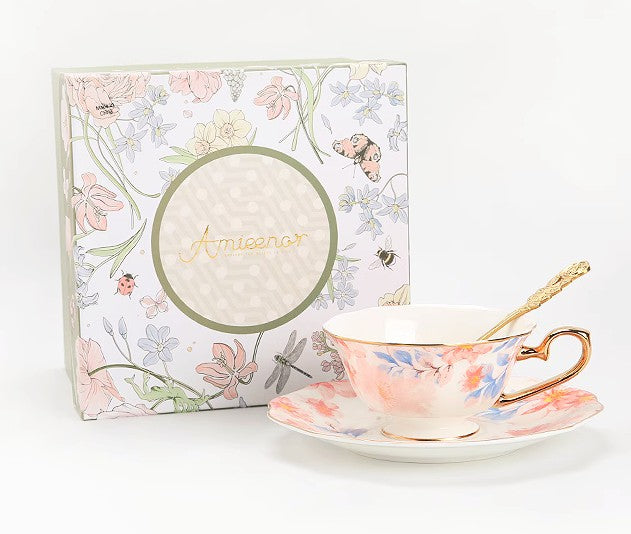 Premium Bone China Tea Cup and Saucer Set - British Royal Style Porcelain Tea Cups for Afternoon Tea, Elegant Coffee Cups in Gift Box - Perfect for Home Decor, Tea Parties & Wedding Gifts