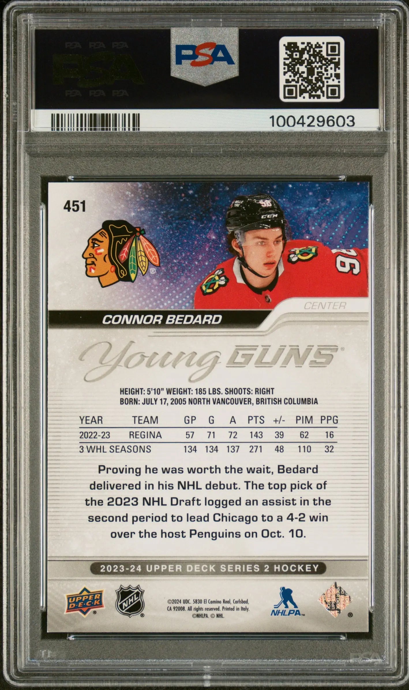 2023-24 Upper Deck Series 2 Hockey Connor Bedard Young Guns Rookie Card PSA 10 Gem Mint - Collectible Sports Memorabilia for NHL Fans & Card Collectors