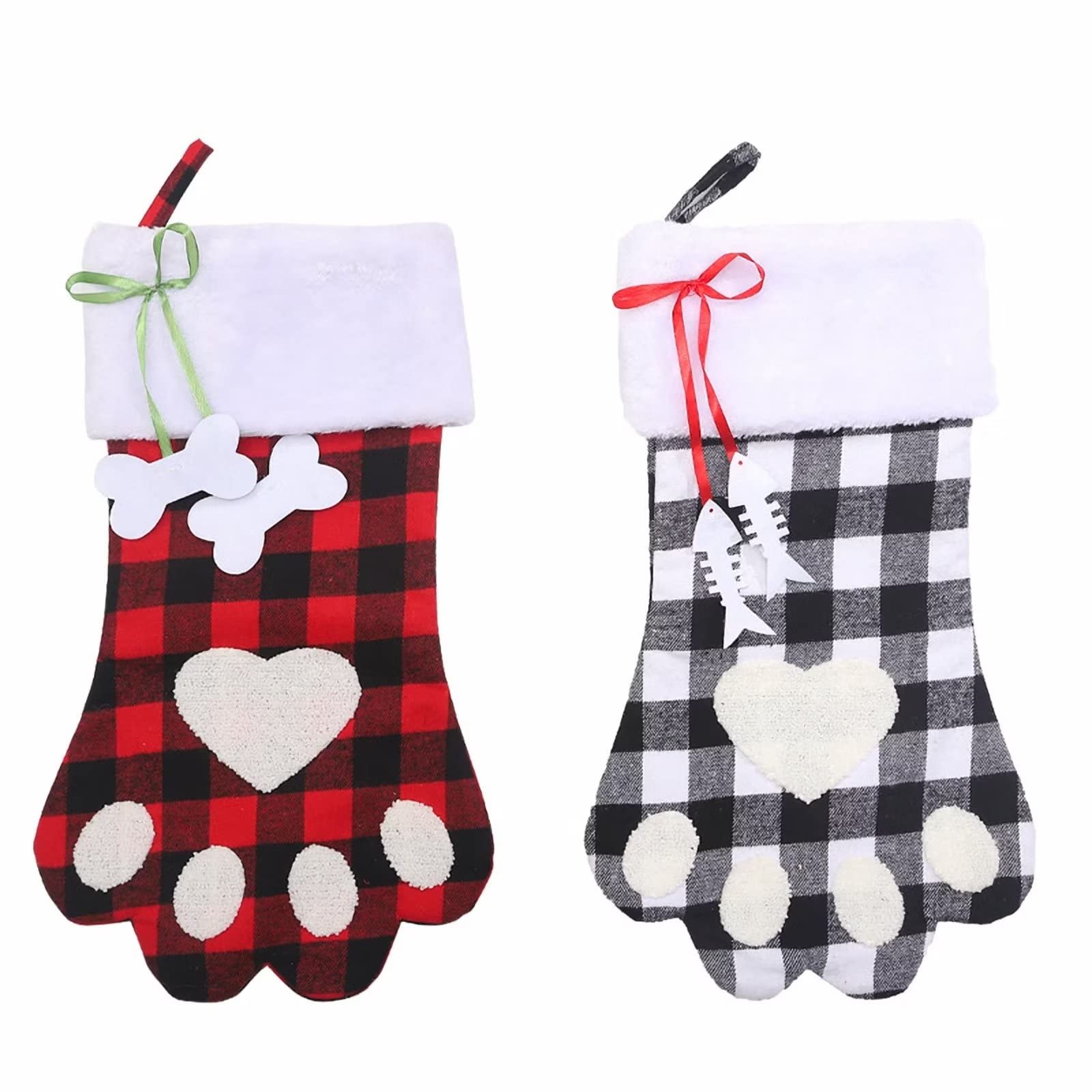 2 Pack 18 Inch Large Christmas Stockings - Red Black Velvet Buffalo Plaid with Cat Paw Design - Xmas Fireplace Hanging Stockings for Holiday Decorations, Family Gift Exchange & Cozy Winter Celebrations