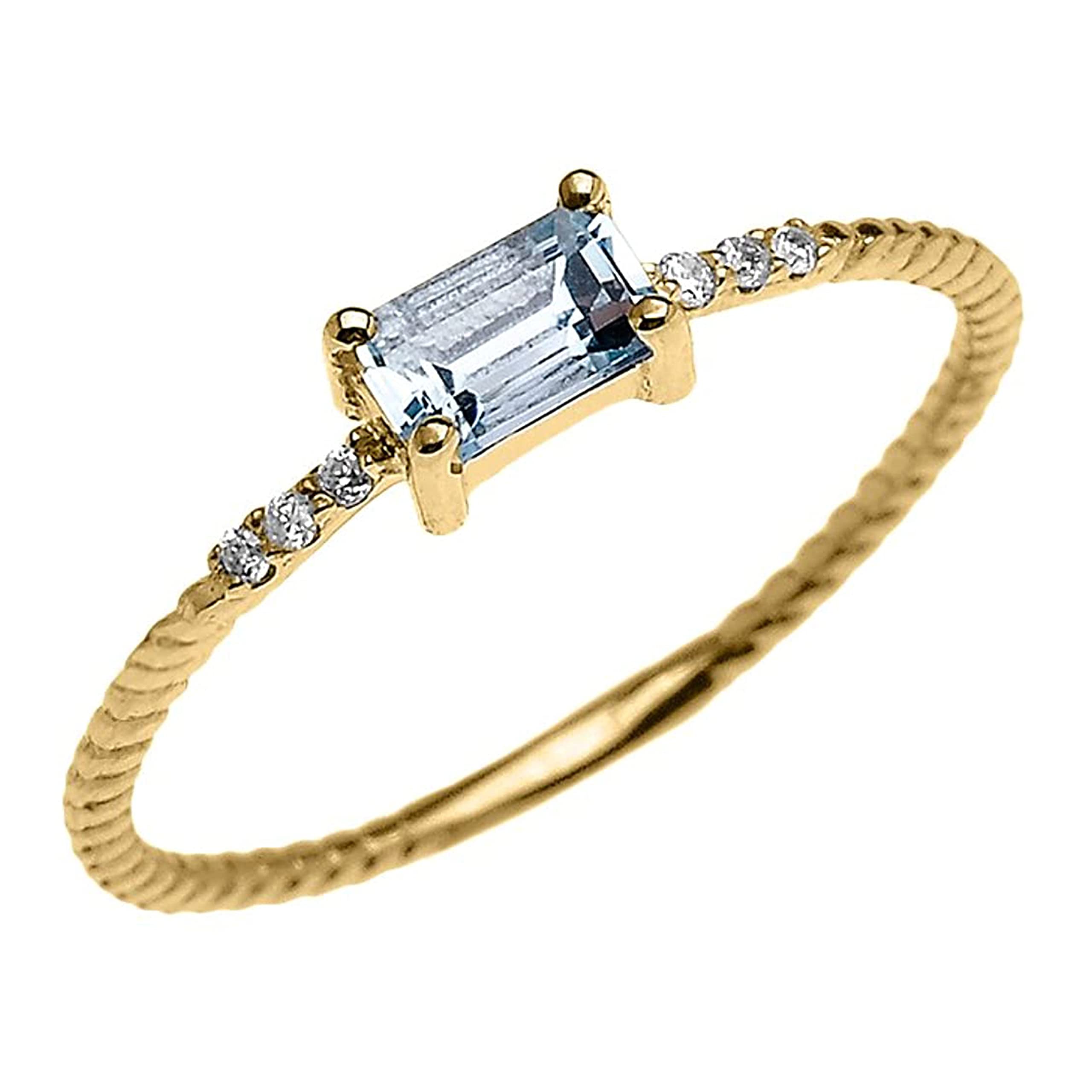 14K Yellow Gold Emerald Cut Aquamarine Solitaire Engagement Ring with Diamond Accents & Fluted Rope Band - Perfect for Proposals, Anniversaries, and Bridal Jewelry Gifts