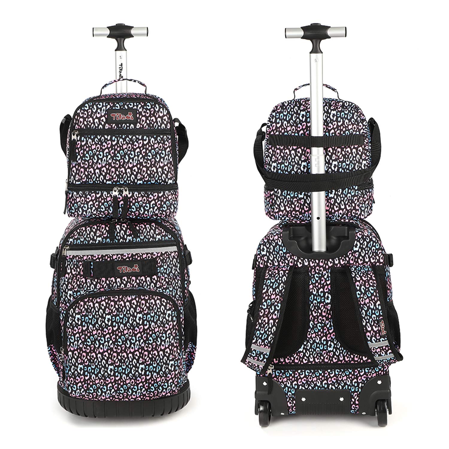 Tilami 19 Inch Rolling Backpack with Lunch Bag - Wheeled Laptop Backpack for School, Travel & Work - Durable Carry-On with Wheels (Colorful Leopard Print)