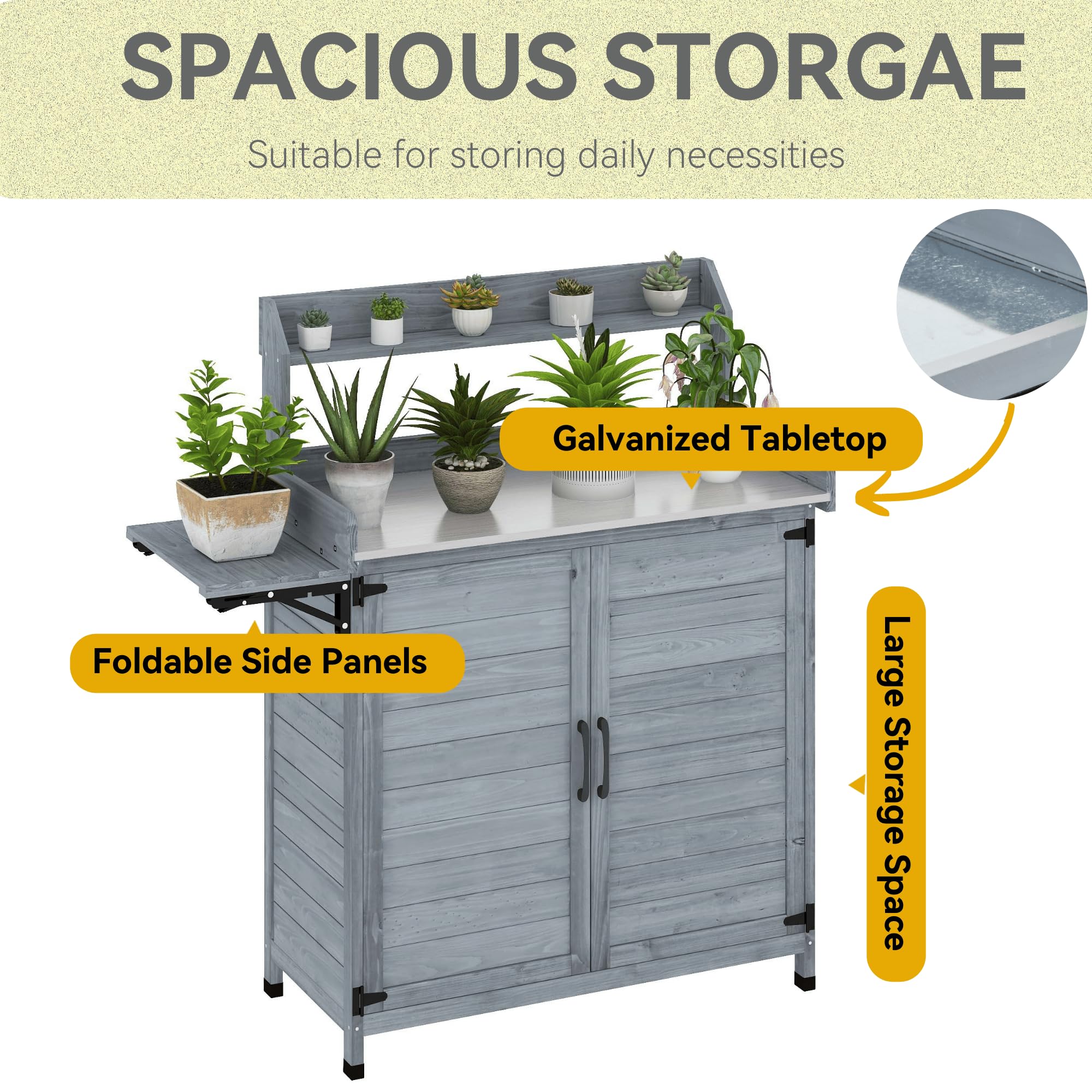 DWVO Solid Wood Outdoor Storage Box with Foldable Side Pallet & Galvanized Metal Tabletop - Multi-Functional Potting Bench & Garden Cabinet for Patio, Balcony, Porch - Perfect for Gardening, Storing Tools & Outdoor Relaxation (Grey)
