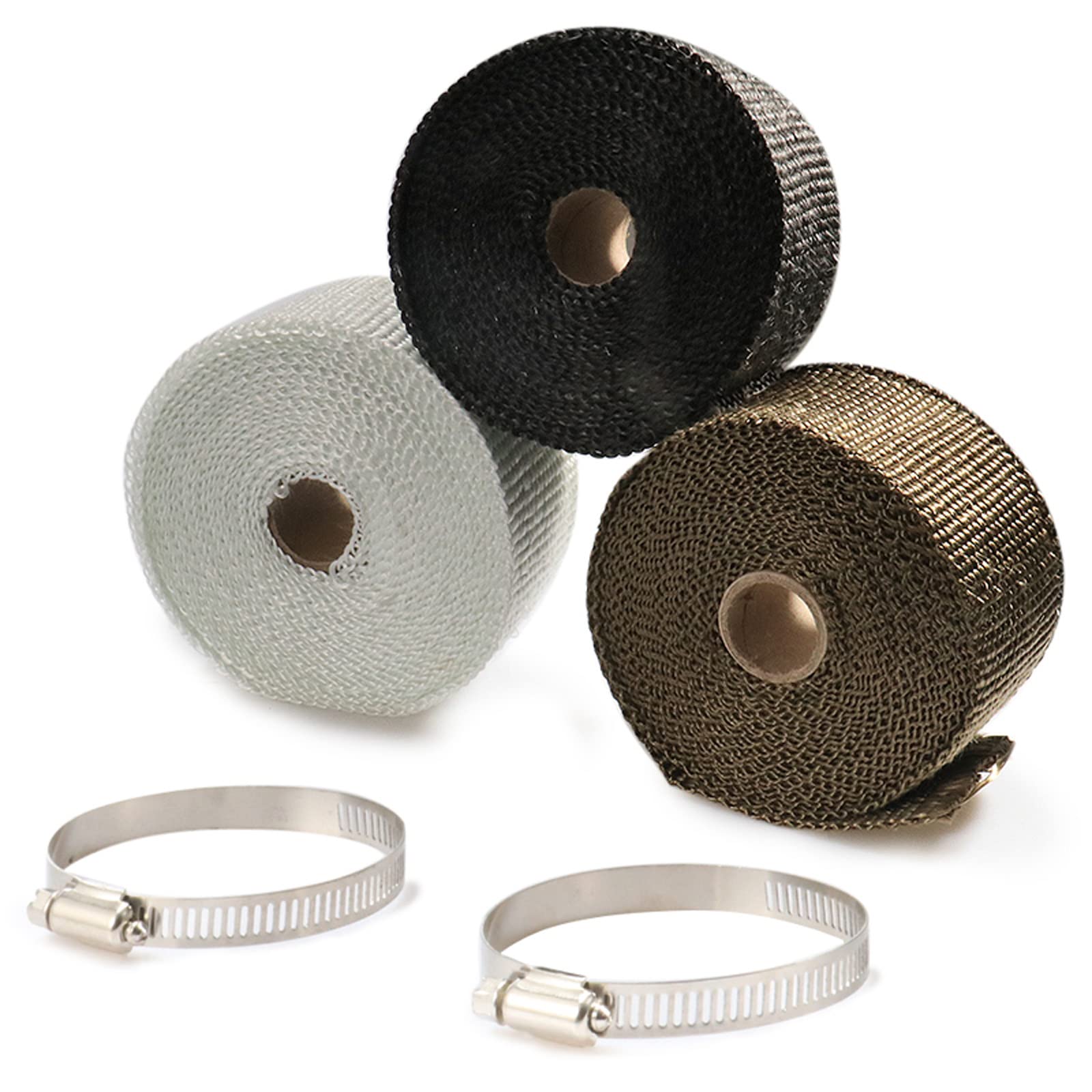 2''x16' High-Temperature Exhaust Heat Wrap Roll - Fiberglass Heat Shield Tape for Motorcycles with 2 Stainless Steel Clamps (0172) - Perfect for Motorcycle Exhaust Protection & Performance Enhancement