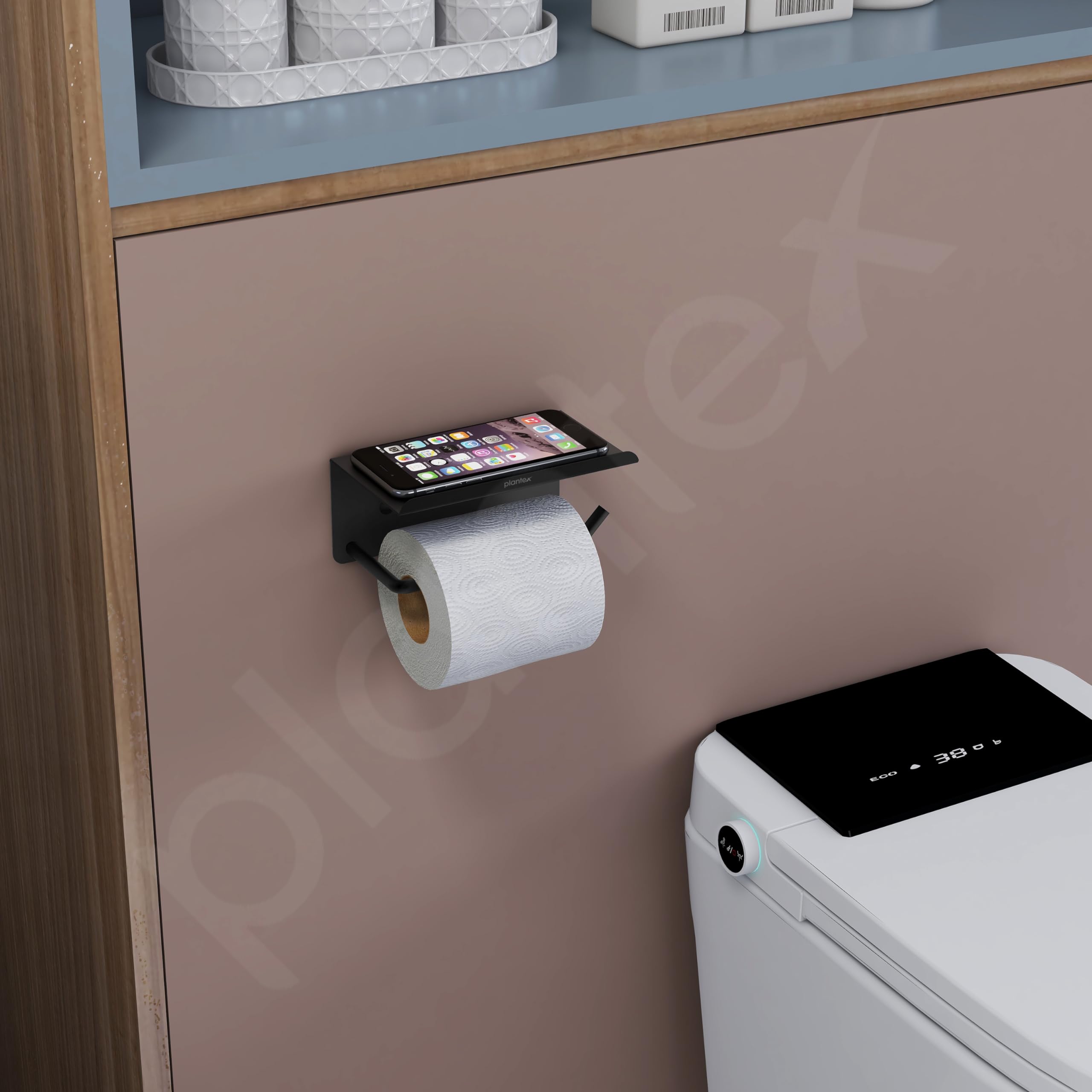 Plantex Stainless Steel Toilet Paper Holder with Mobile Stand - Modern Bathroom Tissue Roll Holder for Home & Office - Durable Black Bathroom Accessories (Perfect for Small Spaces & Guest Bathrooms)