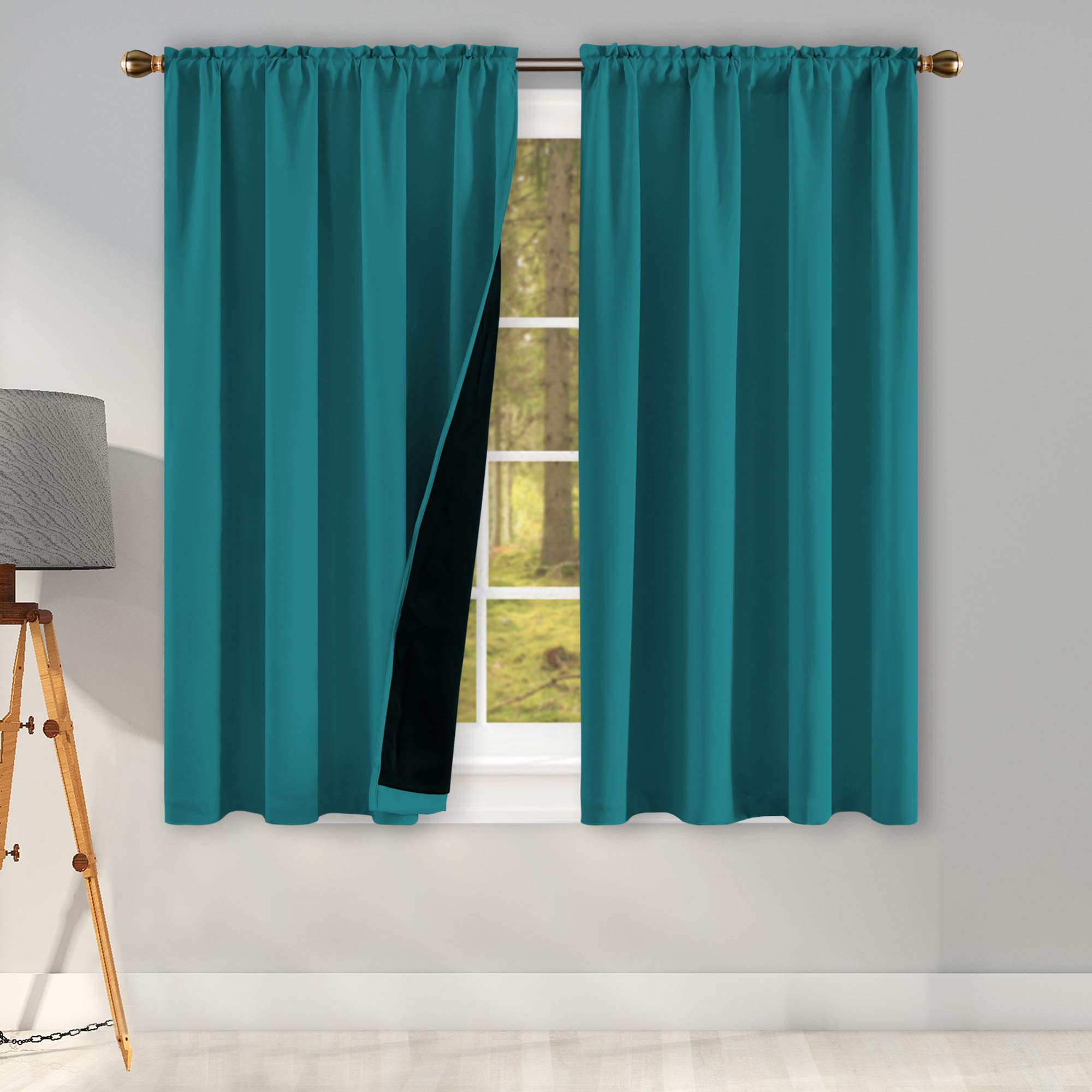 Teal 100% Blackout Curtains 45 Inch Length for Nursery & Bedroom - 2 Layer Thermal Insulated Blackout Drapes with Rod Pocket (42
