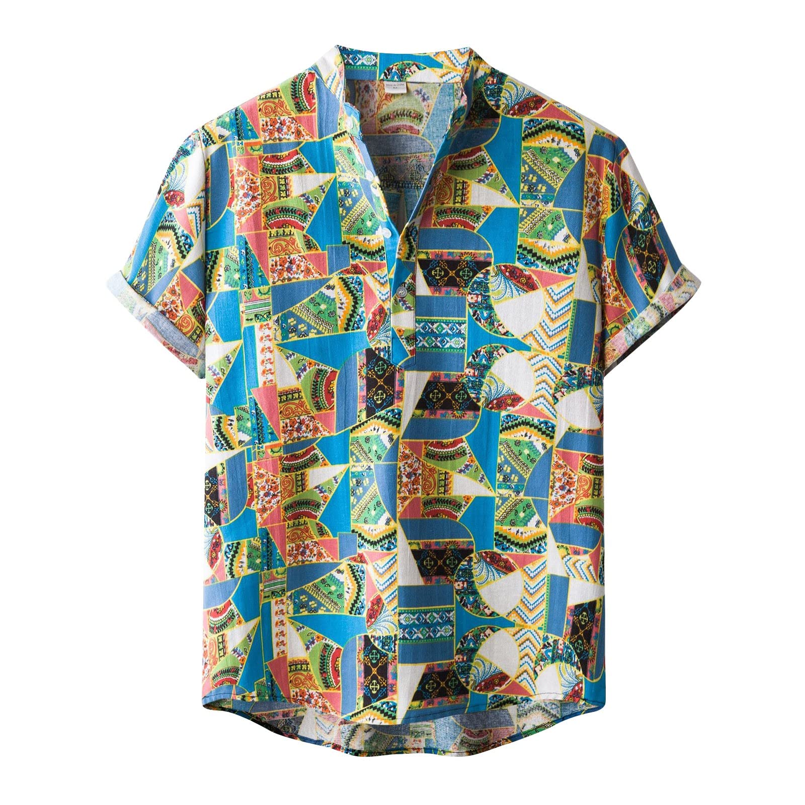 Pacoco Women's Casual V-Neck Short Sleeve Linen Shirt - Ethnic Style Printed & Plaid Button Down Blouse for Summer | Perfect for Beach Outings, Vacation Wear & Boho Fashion