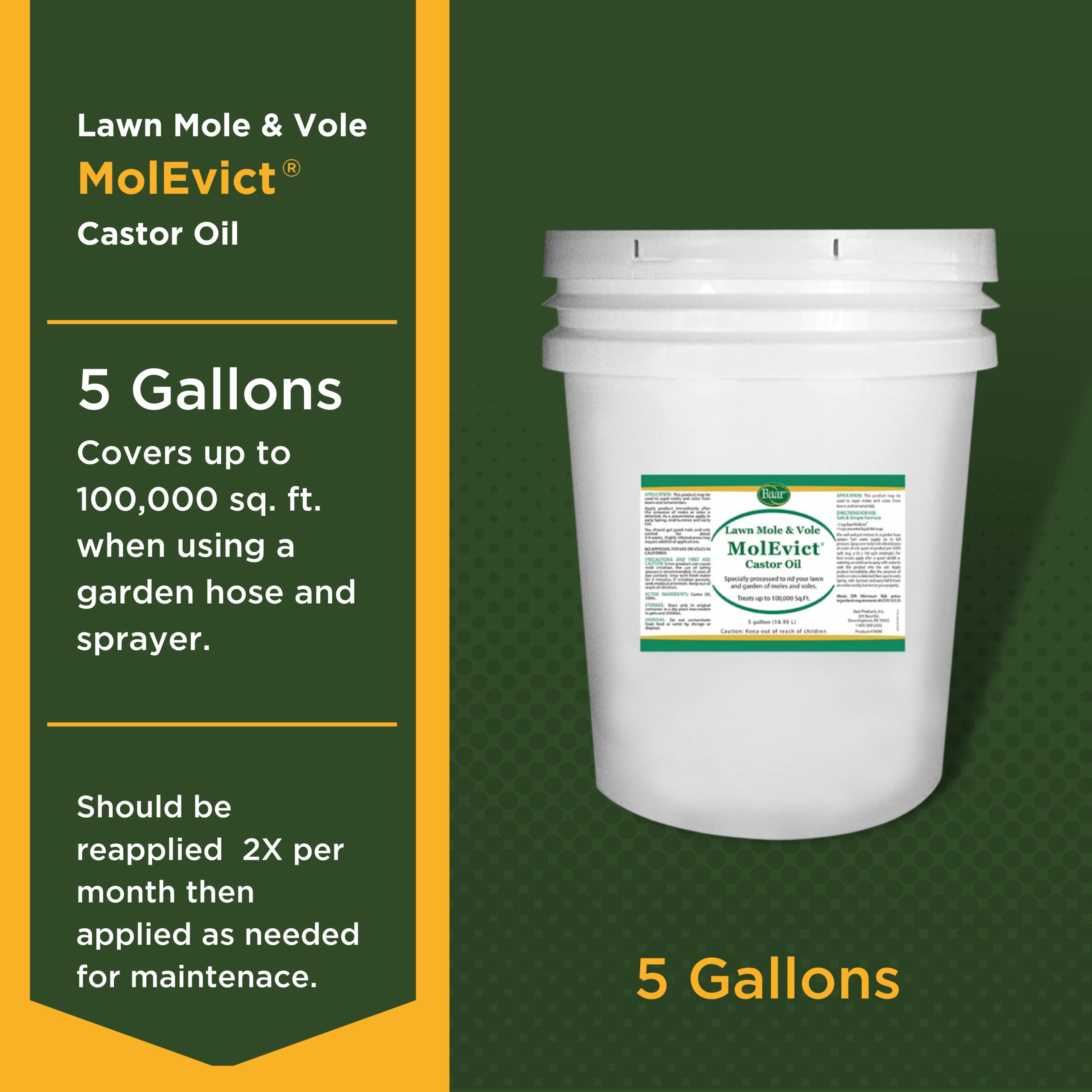 Baar Products MolEvict Lawn Mole Repellent - 5 Gallon Castor Oil Mole & Vole Deterrent for Yard Protection | Covers 100,000 Sq Ft | Pet & Plant Safe | Ideal for Lawns, Gardens, Flower Beds & Landscapes