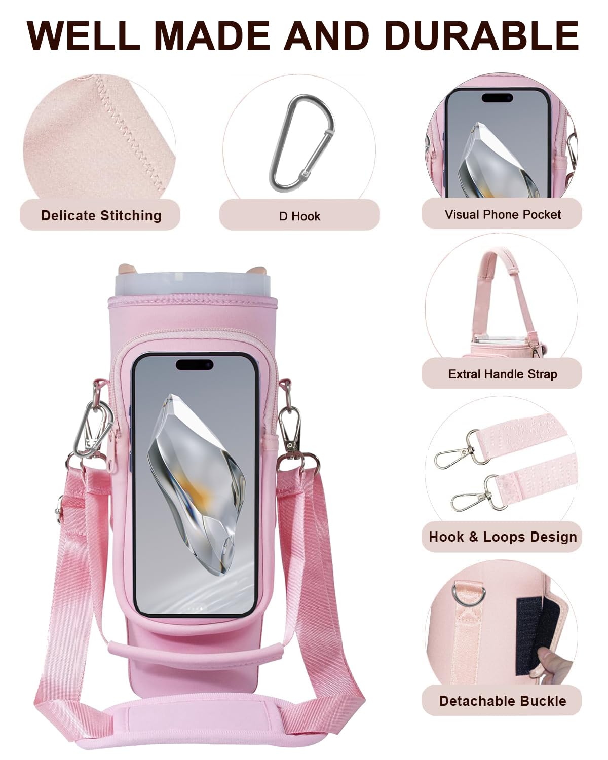 **Neoprene Water Bottle Holder Pouch with Adjustable Strap & Carabiner - Fits Stanley 40 oz Tumbler & Other Large Cups - Phone Pocket & Insulated Design for Gym, Hiking, Travel & Outdoor Activities**