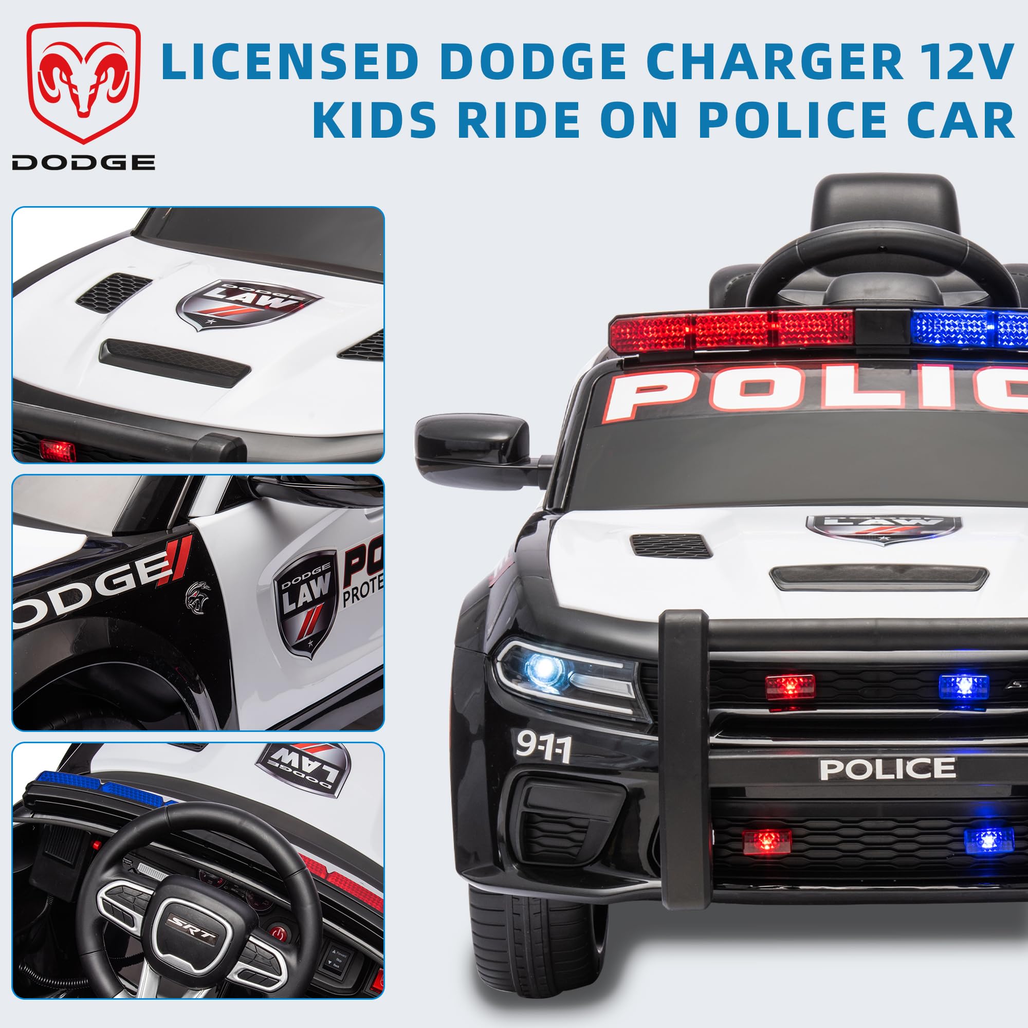 12V Kids Electric Police SWAT Ride-On Car - Licensed Dodge Vehicle for Boys & Girls Ages 3-8 | Parent Remote Control, 4 Wheels, LED Lights, USB Music & 3 Speeds | Perfect for Outdoor Play, Birthday Gifts & Pretend Police Adventures (White)