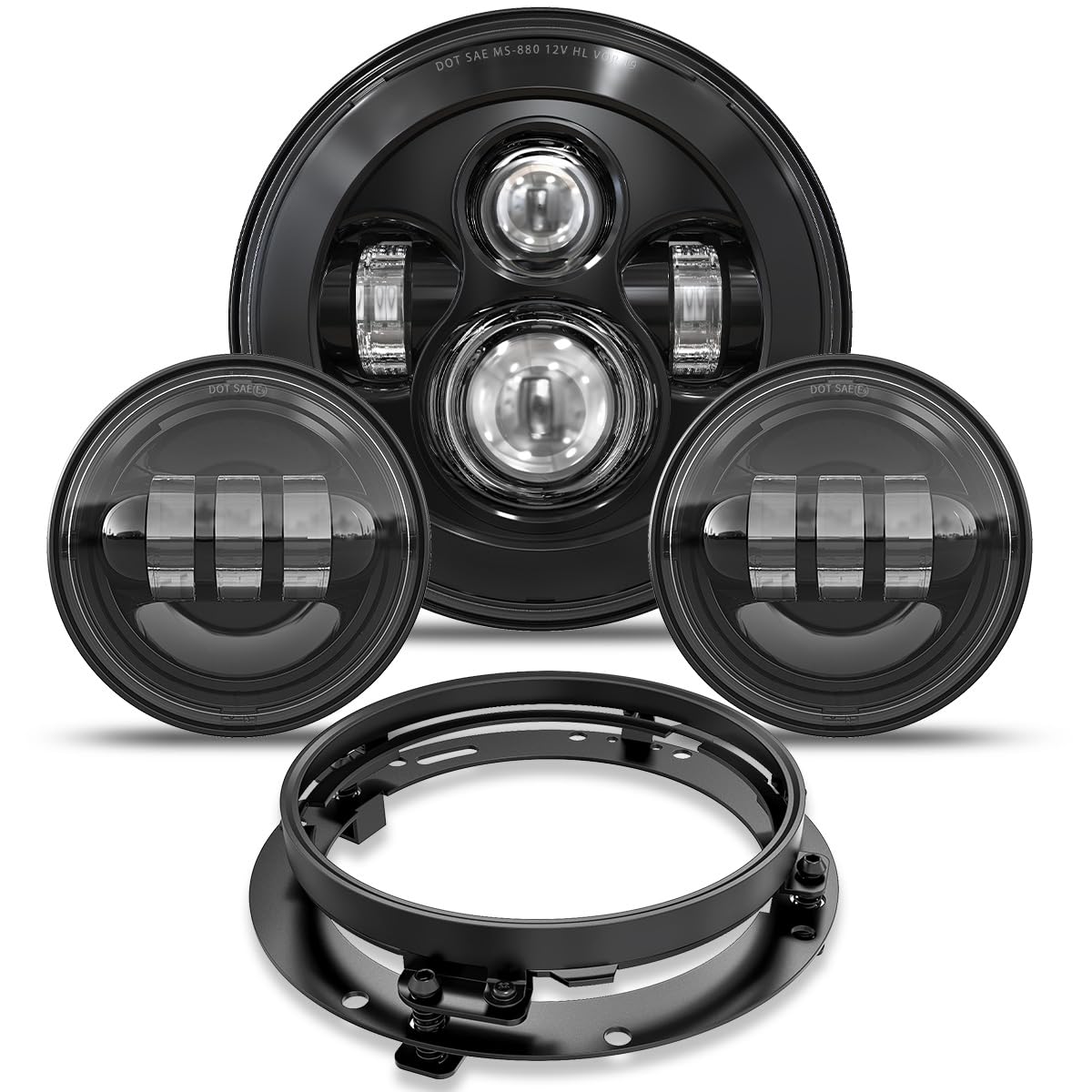 7 Inch LED Headlight & 4.5 Inch Fog Lights with Mounting Ring - Compatible with Harley Touring, Road King, Ultra Classic, Electra Glide, Street Glide, Trike, CVO, Heritage Softail, Slim, Deluxe, Fat Boy - High Visibility for Night Riding & Off-Road Adventures