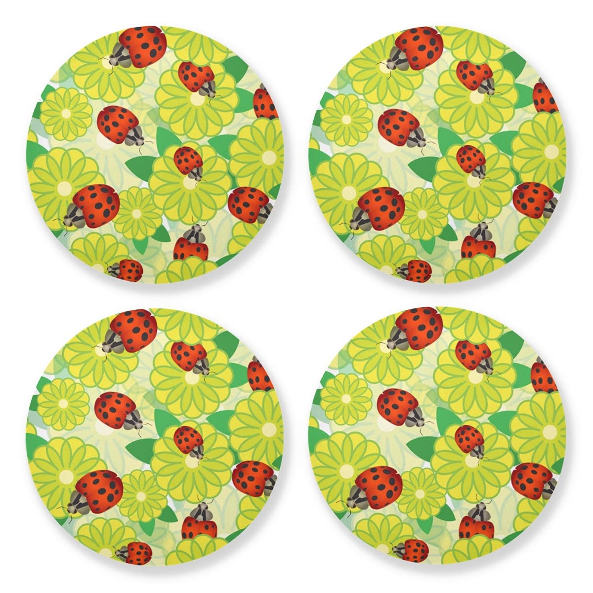 Absorbent Wooden Drink Coasters with Ladybug Beetle Design & Cork Backing - 4-Piece Set (4 Inch) for Coffee Tables, Bars, and Home Decor - Perfect for Hot/Cold Beverages, Dinner Parties & Kitchen Protection