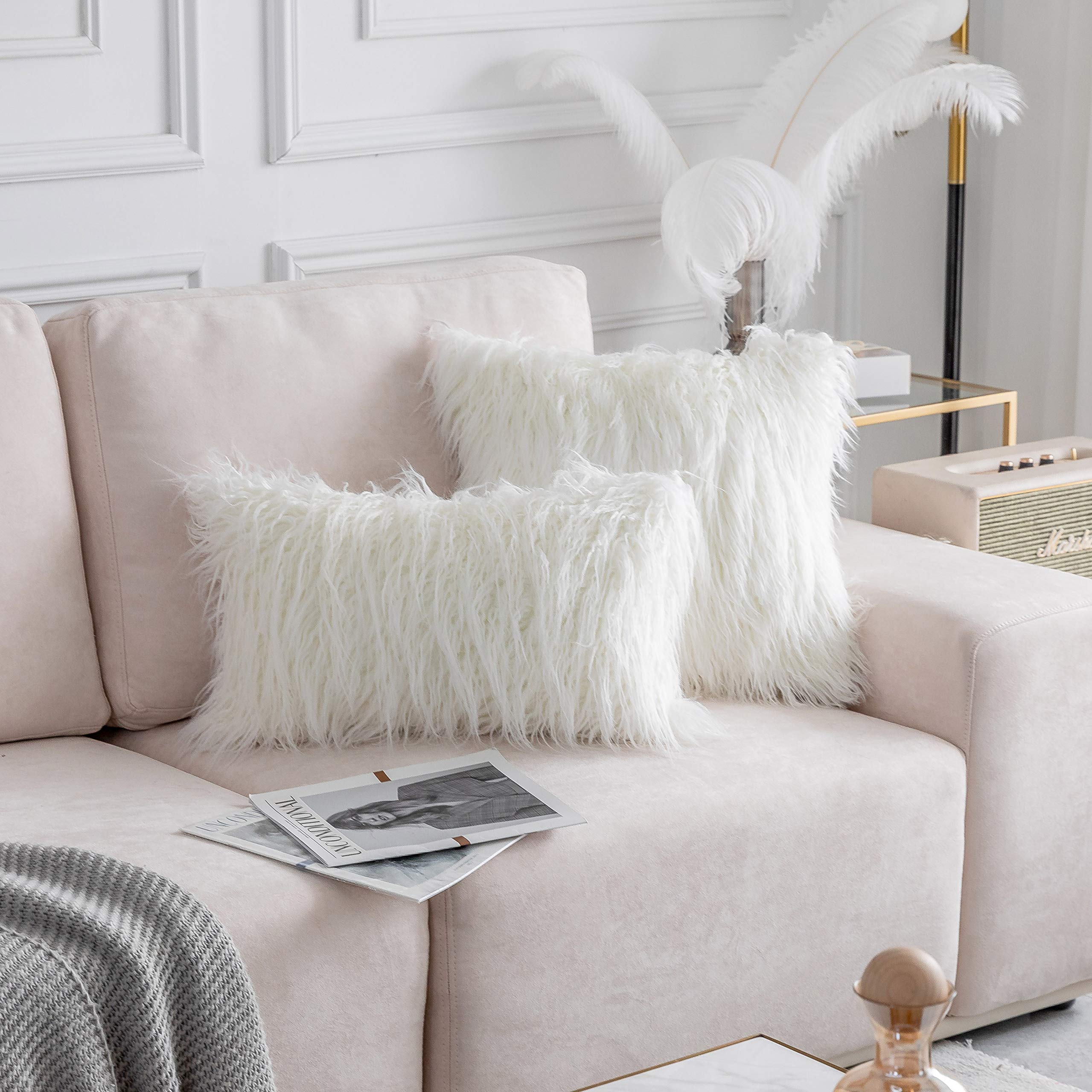 Premium Fluffy Faux Fur Pillow Covers 18x18 Inches - Soft Decorative Throw Pillows for Sofa, Couch & Bed - Set of 2 White Luxury Pillow Cases - Perfect for Living Room, Bedroom & Home Decor