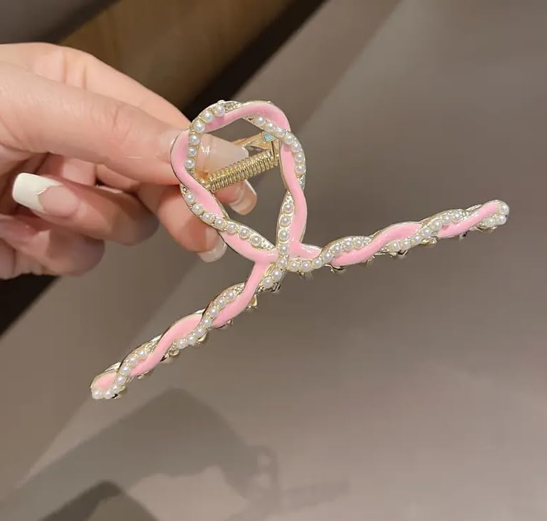 Sparkly Butterfly Hair Clips for Women - Non-Slip Strong Metal Jaw Clips, Cute Hair Claws with Chain (Pink) - Perfect for Updos, Ponytails & Everyday Hairstyles