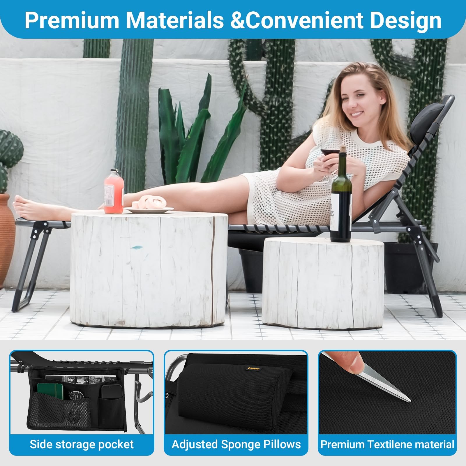 KingCamp Adjustable Textilene Folding Chaise Lounge Chair with Mattress & Pillow - Portable Outdoor Patio Furniture for Camping, Beach, Poolside, Lawn & Indoor Relaxation | Perfect for Sunbathing, Lounging & Backyard Comfort