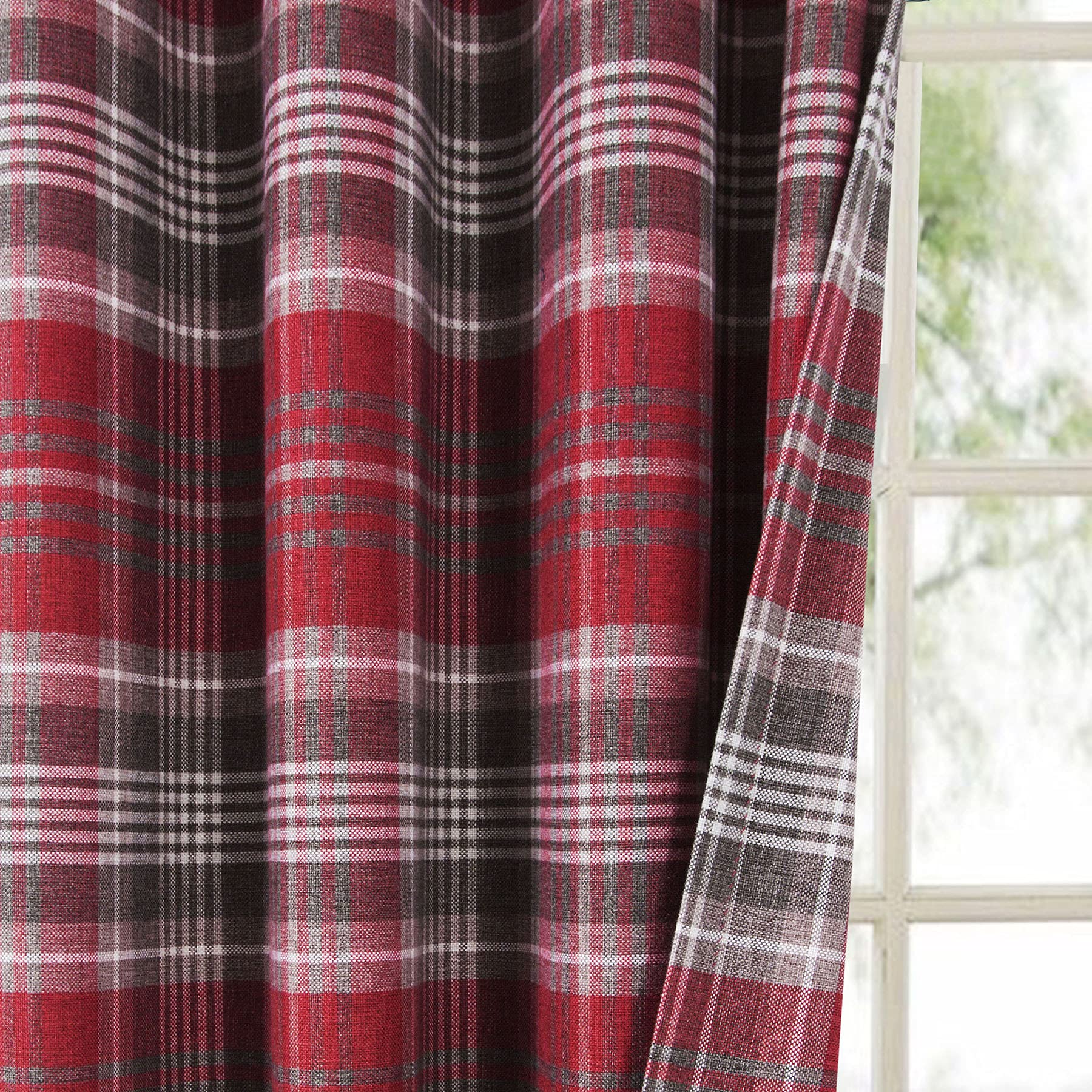 Always4u Red Plaid Grommet Curtains - Highland Woolen Look Tartan Drapes for Bedroom & Living Room - Checkered Grey & Red Window Panels (54x63 Inches) - Perfect for Cozy Winter Decor & Farmhouse Style Homes