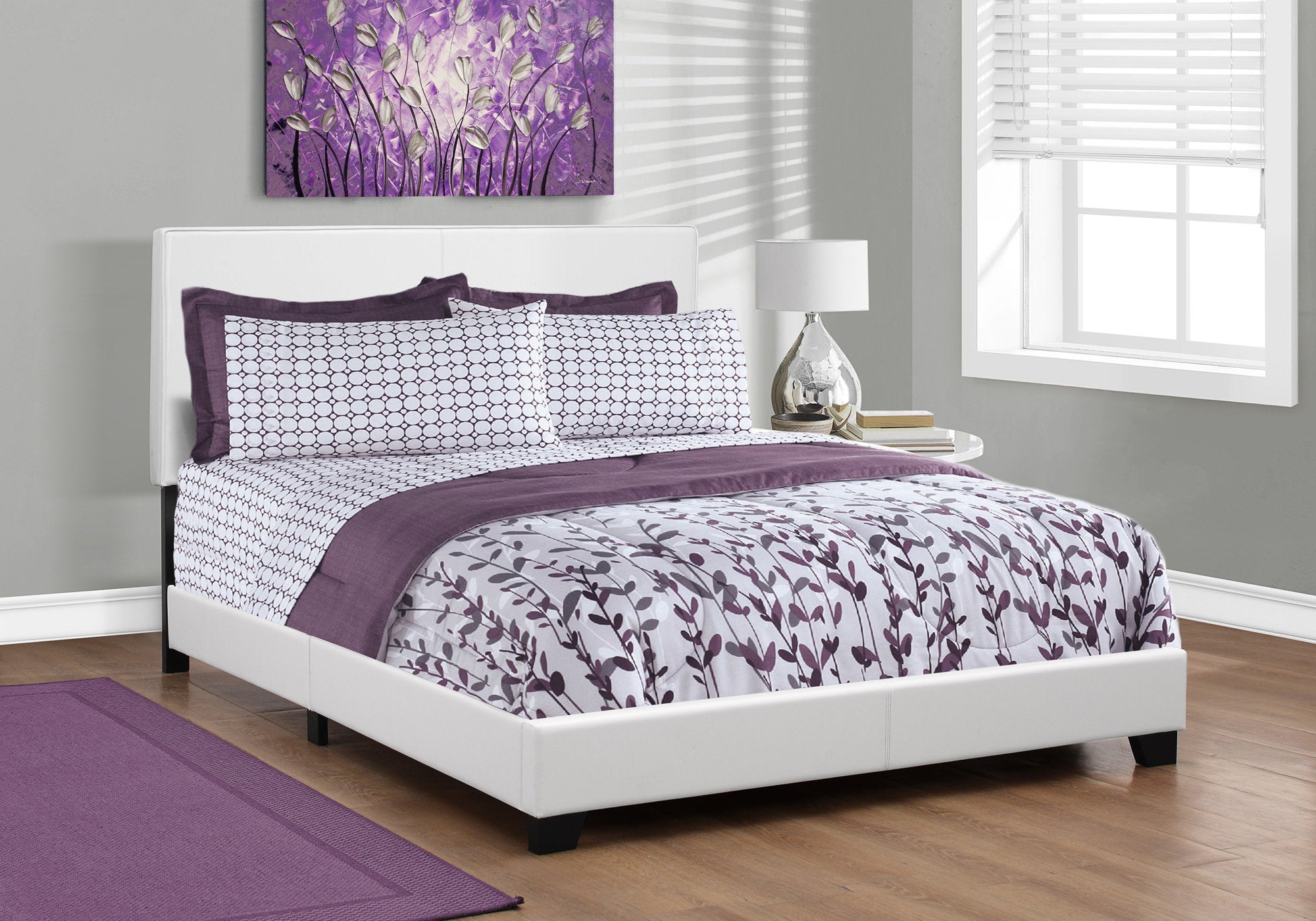 Queen Size White Faux Leather Bed Frame - Modern Upholstered Platform Bed with Wooden Slats for Bedroom, Guest Room, or Dorm