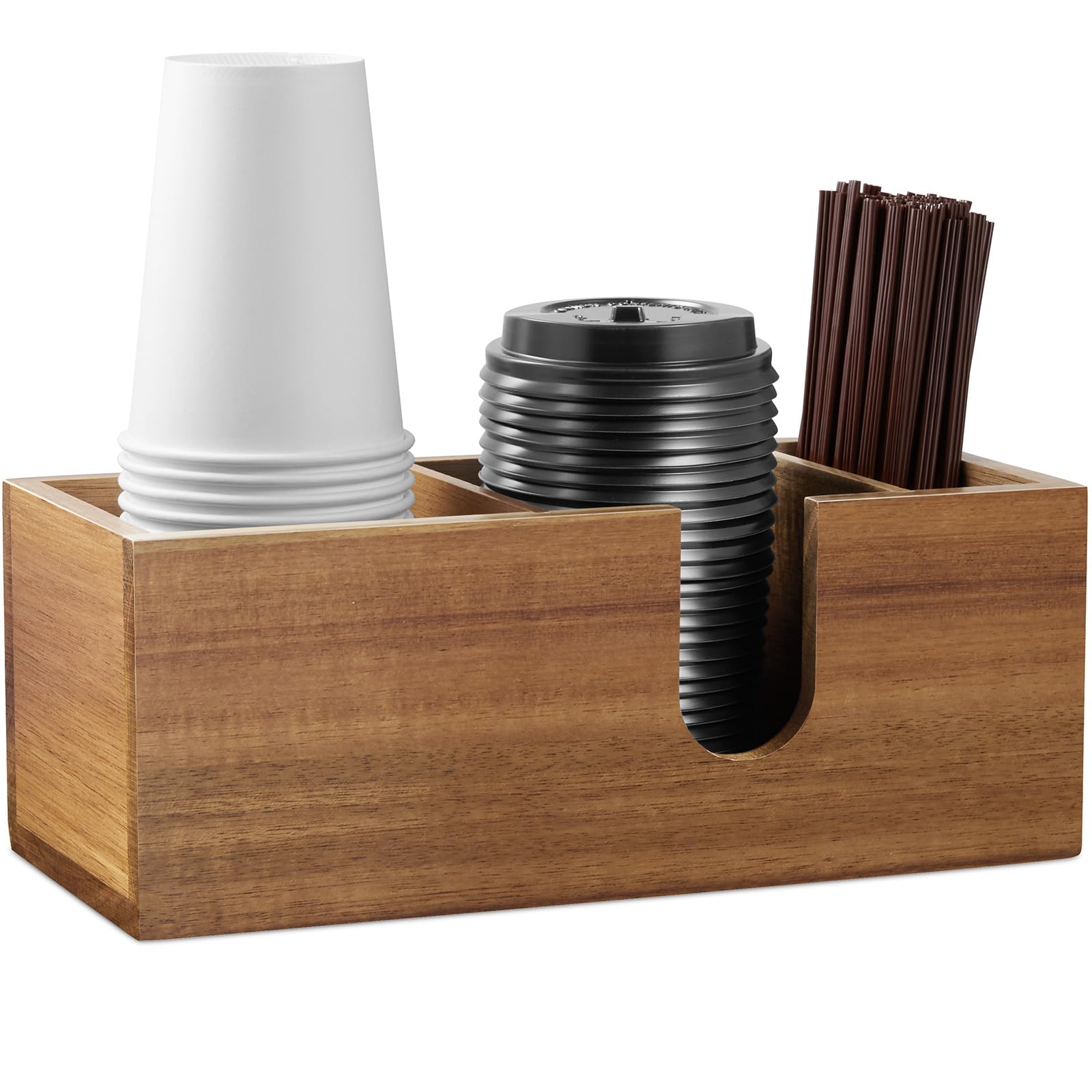 ALELION Acacia Wood Cup Holder for Countertop - Coffee Bar Organizer with Storage for Lids, Stirrers & Pods - Perfect for Kitchen Counter, Coffee Station & Office Desk Organization