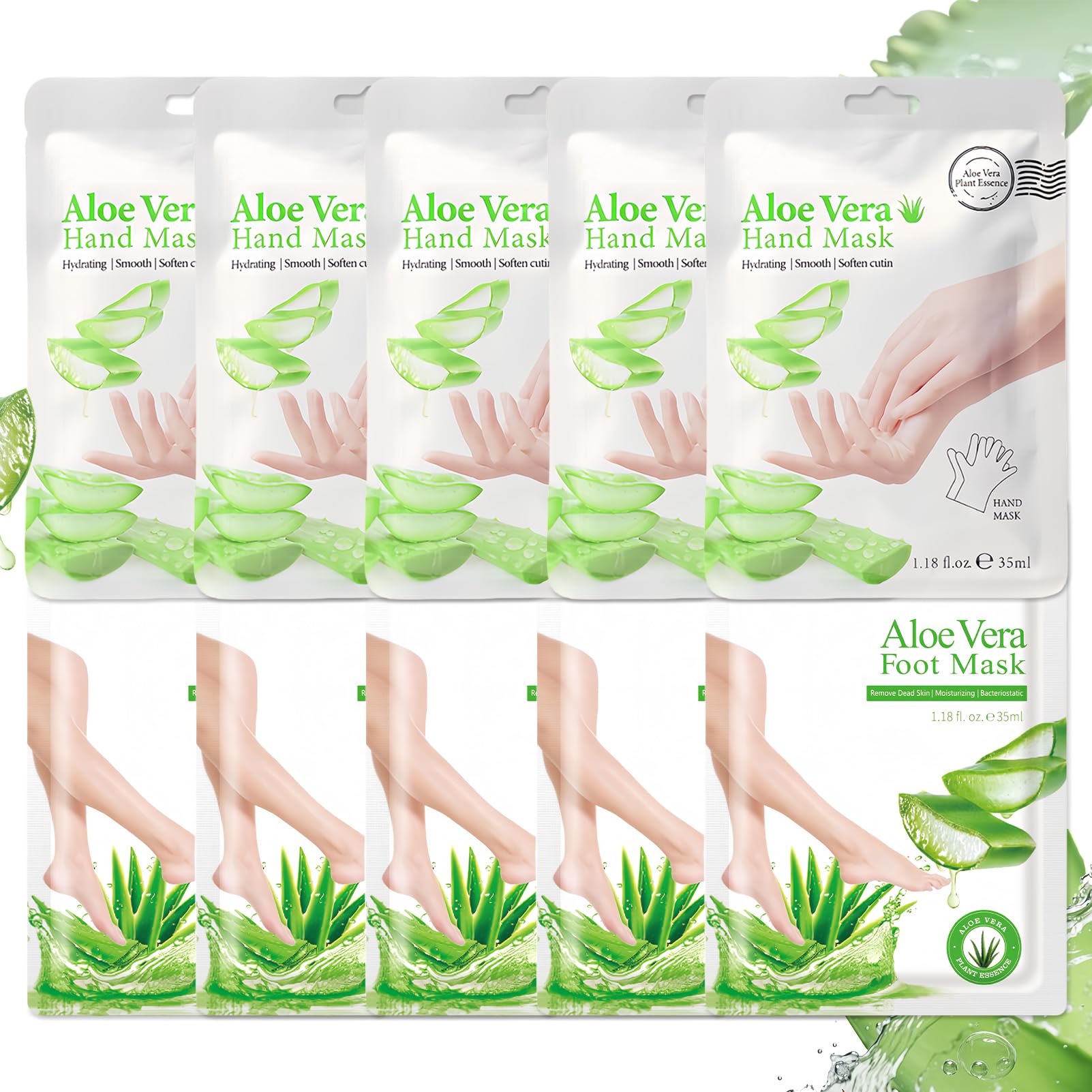 Hydrating Hand and Foot Mask Set - 5 Pcs Exfoliating Foot Peel & 5 Pcs Moisturizing Gloves with Aloe Vera - Deep Nourishing Treatment for Dry, Cracked Skin - Perfect for At-Home Spa, Self-Care, and Gift Giving for Women & Men