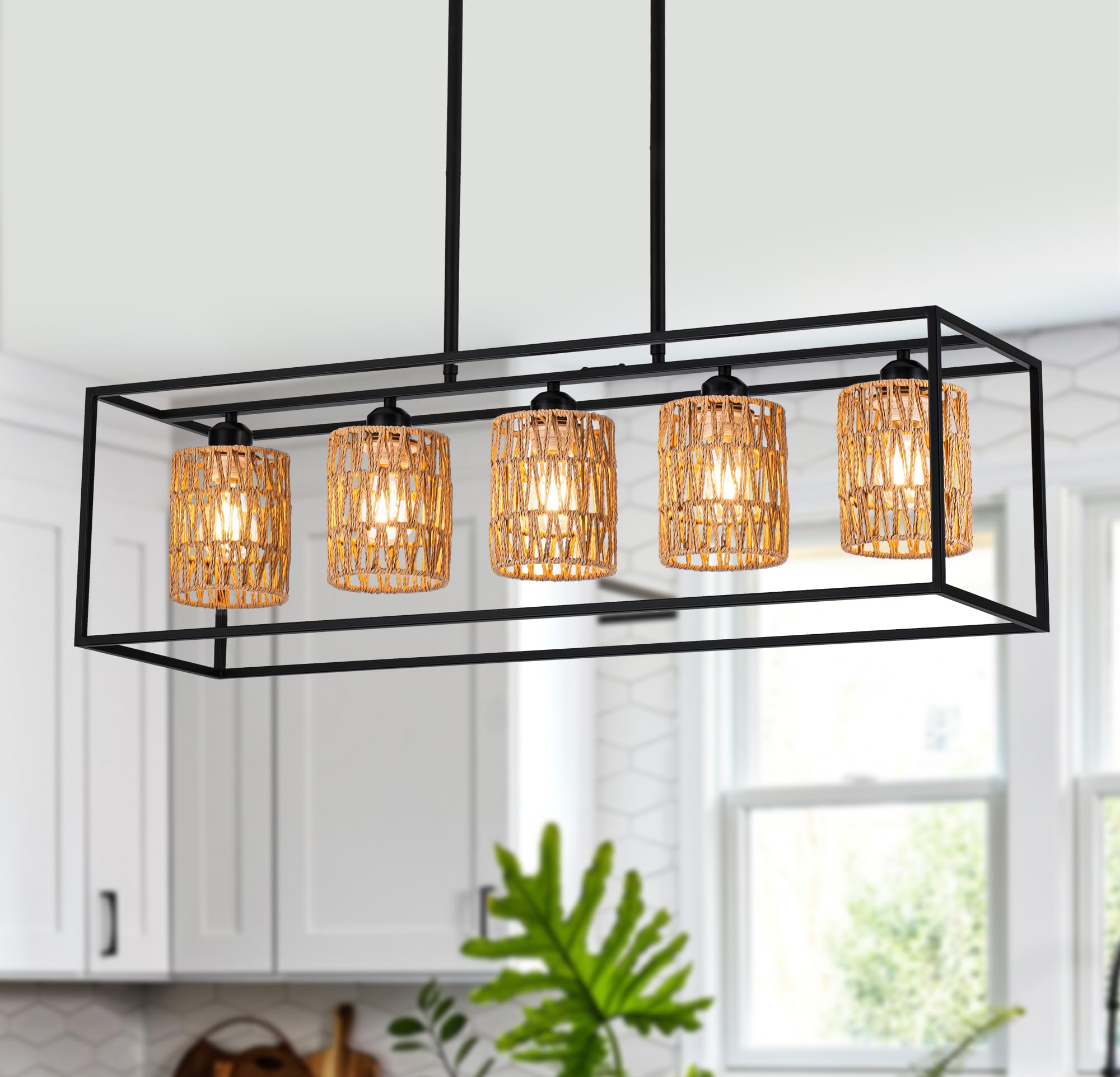 5-Light Rattan Kitchen Island Chandelier - Modern Boho Rustic Hanging Light Fixture for Dining Room & Farmhouse Kitchen | Perfect Over Tables & Kitchen Islands