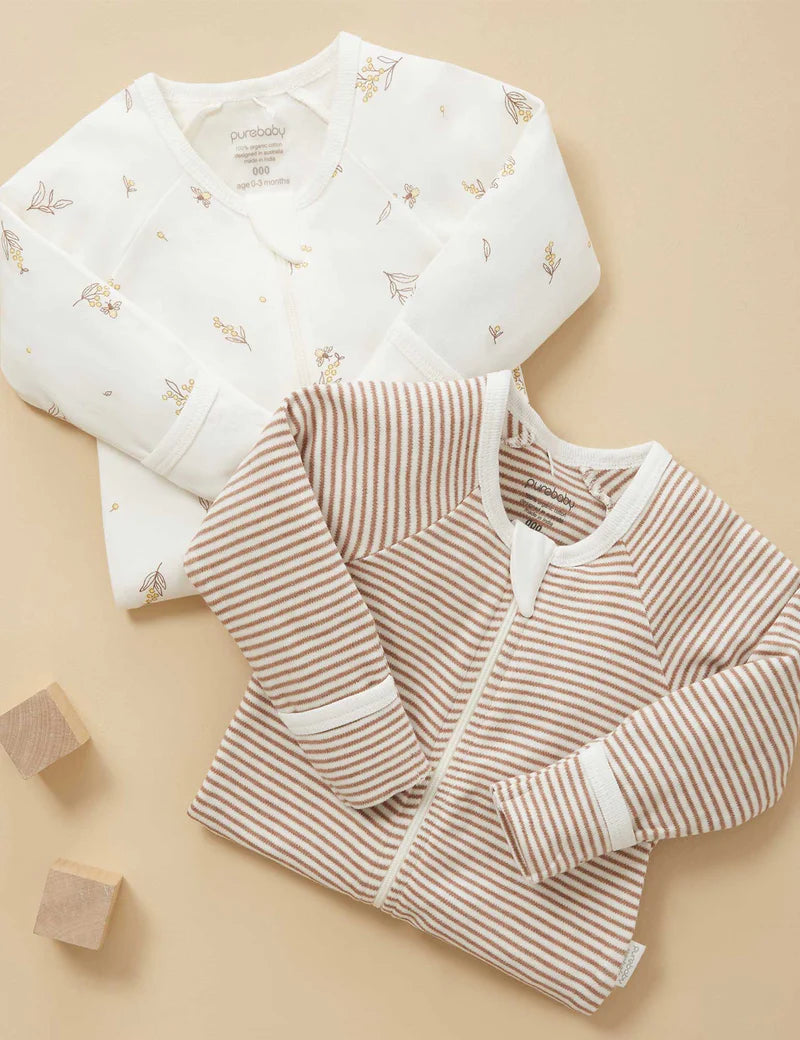 Purebaby Organic Cotton Zip Growsuit 2-Pack - Vanilla Wattle Bee Print | Soft Baby Sleepwear for Newborns & Infants | Perfect for Daycare, Playtime & Comfortable Sleep