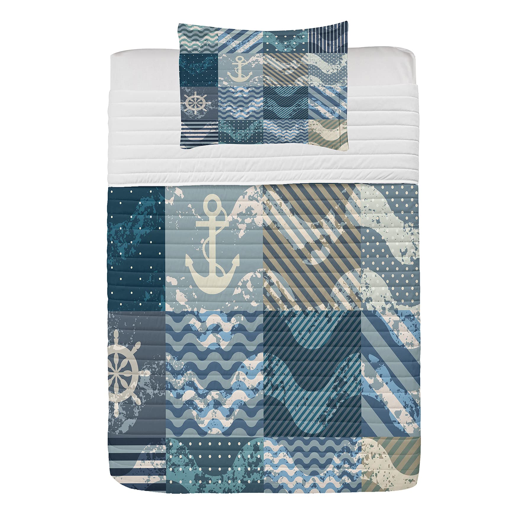 Ambesonne Nautical Microfiber Bedspread Set - Marine Theme Wave Patterns, Patchwork Style, Striped Anchor Print - Soft Twin Size Bedding Set with Pillow Shams & Comforter in Blue Beige - Perfect for Coastal Themed Bedrooms, Guest Rooms, and Beach House Decor