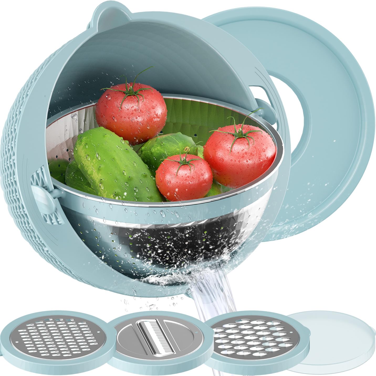 4-in-1 Colander with Bowl Set - Stainless Steel Kitchen Strainers for Pasta, Rice, Fruits & Vegetables - Durable Food Colander for Washing, Draining & Serving - Perfect Cooking Gift & Essential for Modern Kitchens (Blue)