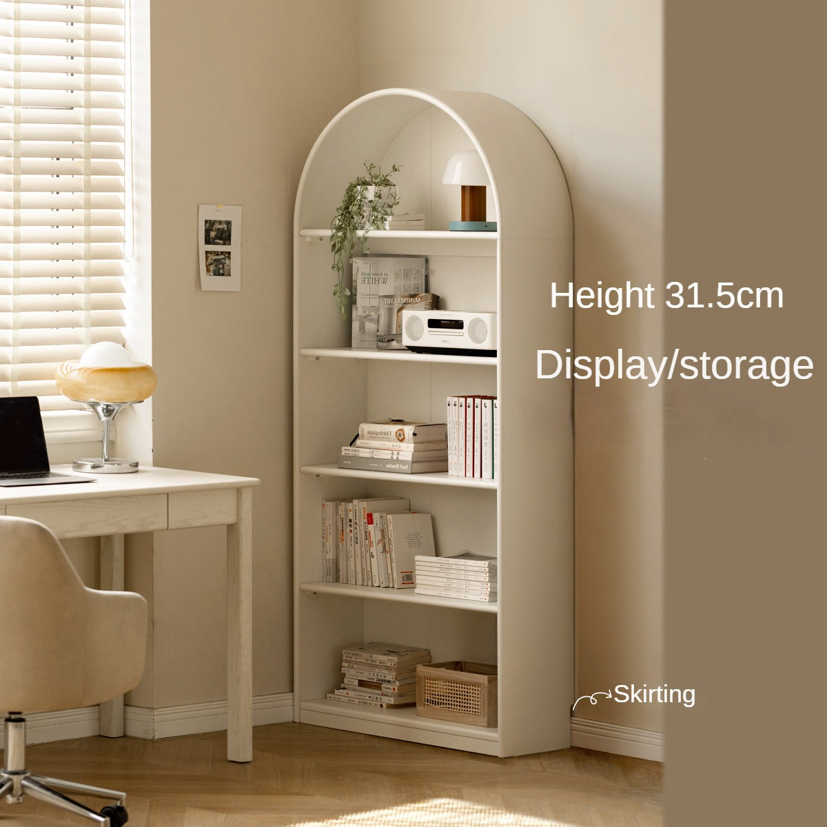 Solid Poplar Wood Arch Bookcase - Display Cabinet & Bookshelf in Cream for Living Room, Bedroom & Office Storage