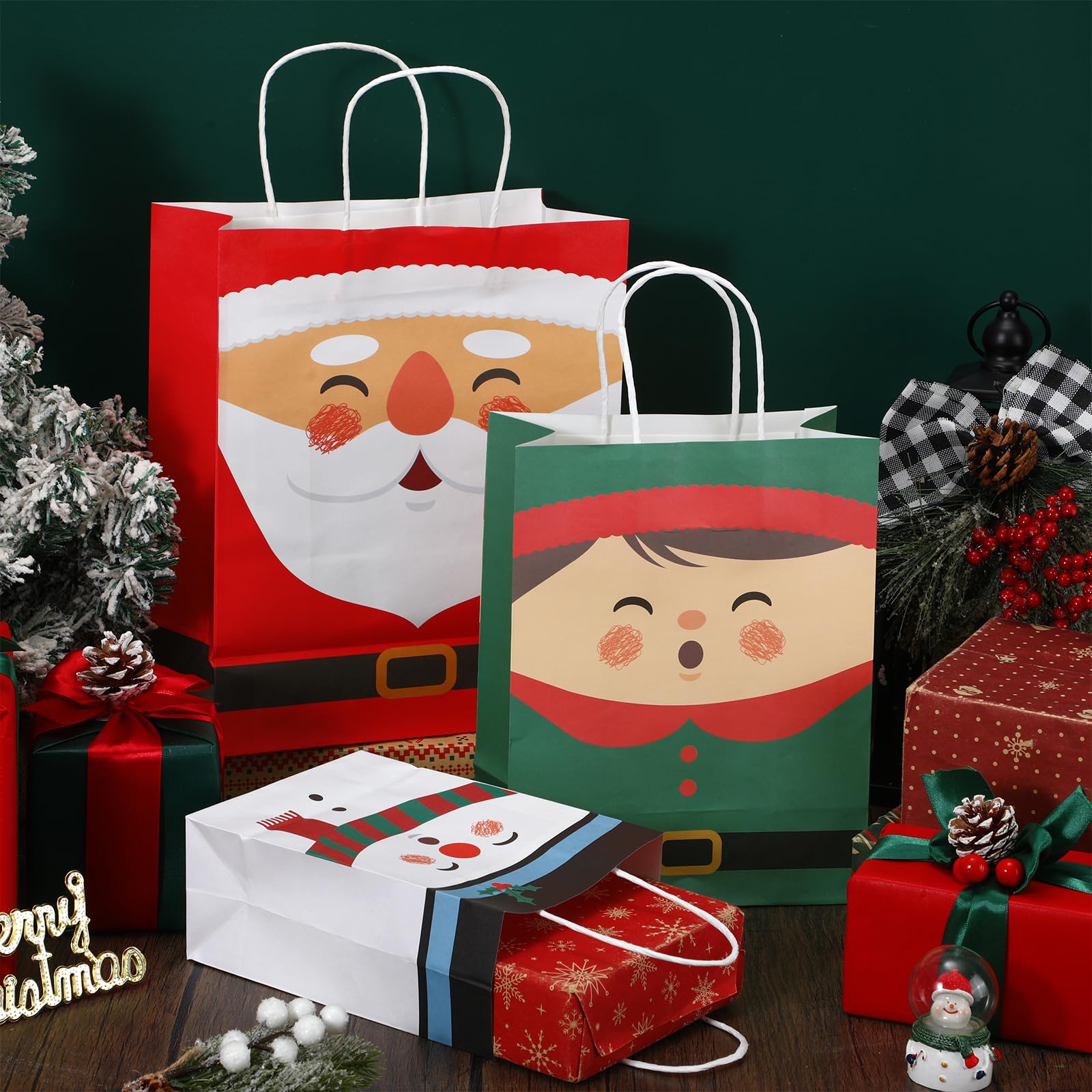 60 Pcs Christmas Kraft Gift Bags Bulk with Handles - Assorted Sizes Holiday Party Favor Bags for Candy, Treats & Gifts - Xmas Goodie Bags for Wrapping, Stocking Stuffers & Classroom Exchanges (Santa Theme)