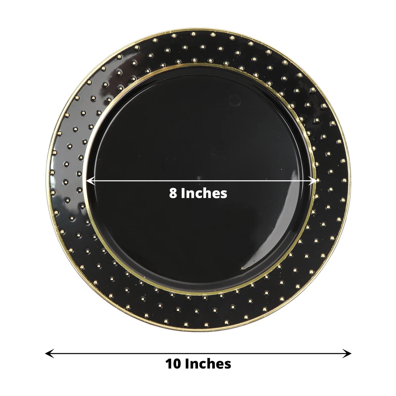 10 Pack Black Round Plastic Salad and Dinner Plates with Gold 3D Dotted Rim - Disposable Party Tableware for Weddings, Birthdays, and Events