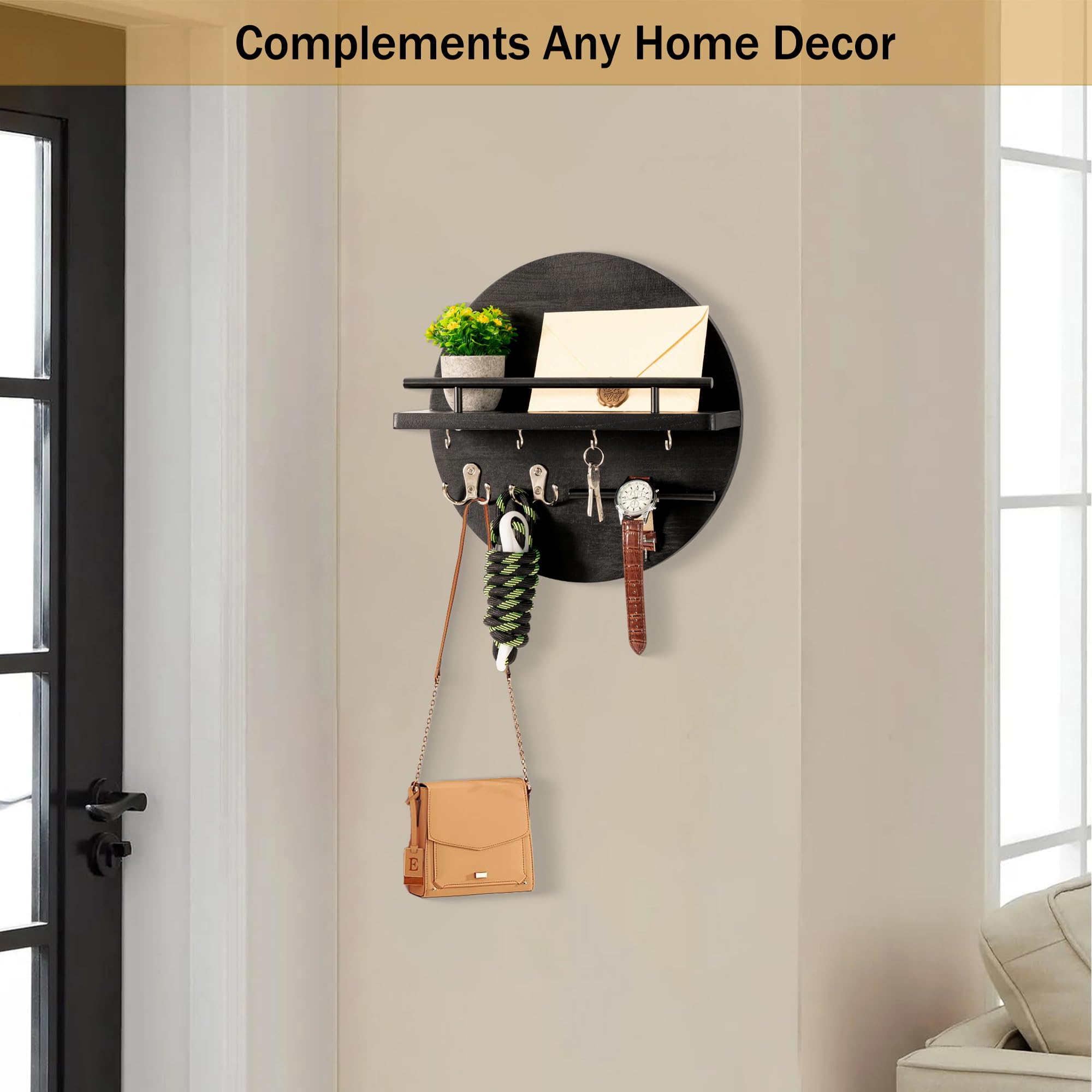Stylish Circular Wall Key Holder with Shelf & Hooks - Rustic Boho Mail Organizer for Entryway - Black Home Decor for Organizing Keys, Letters & Small Items | Perfect for Hallway, Foyer & Apartment Organization