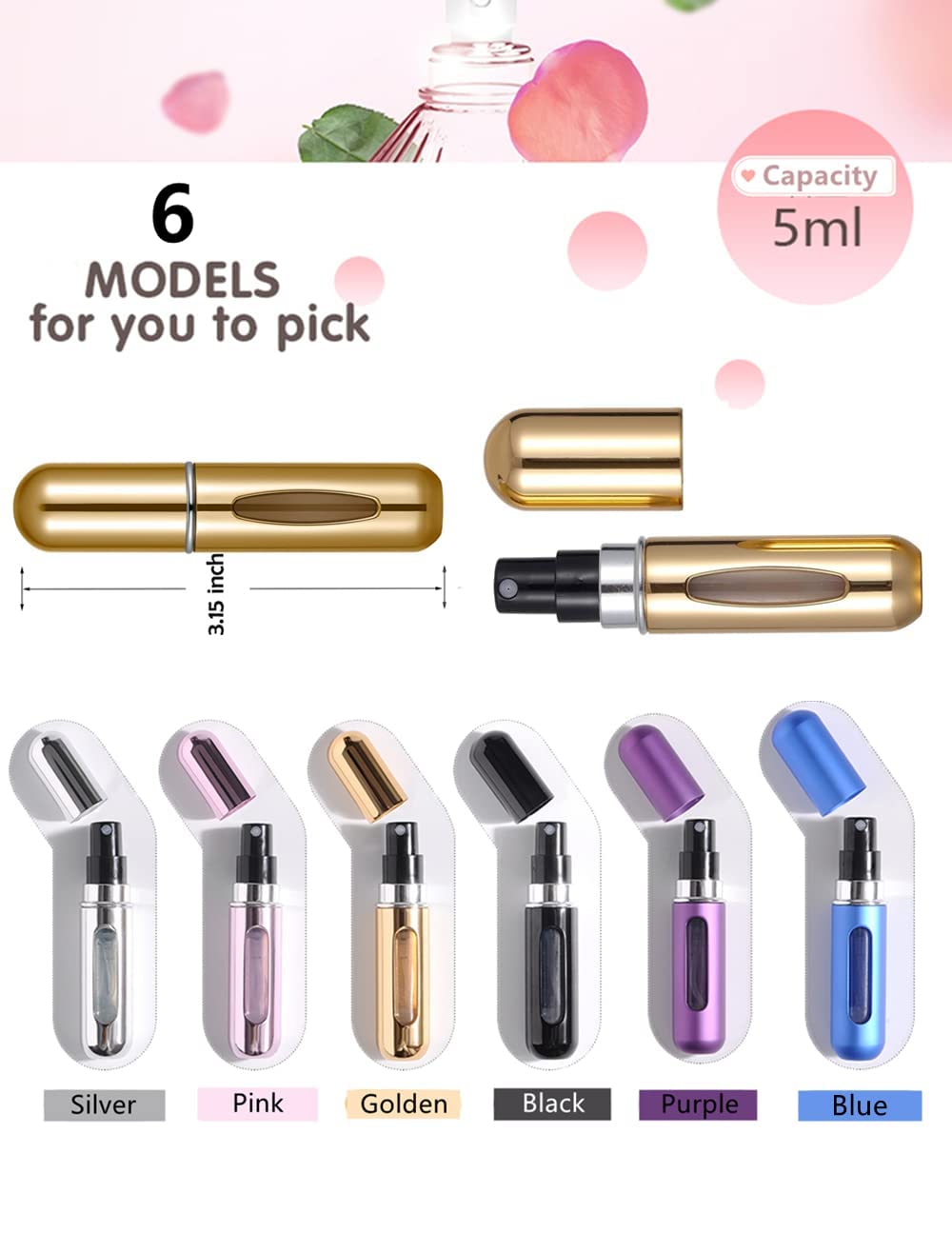 Portable Mini Refillable Perfume Atomizer Bottle - 5ml Travel Size Spray Bottle (2-Pack) for Women & Men - Perfect for Airplane Travel, Gym Bag & Purse Essentials