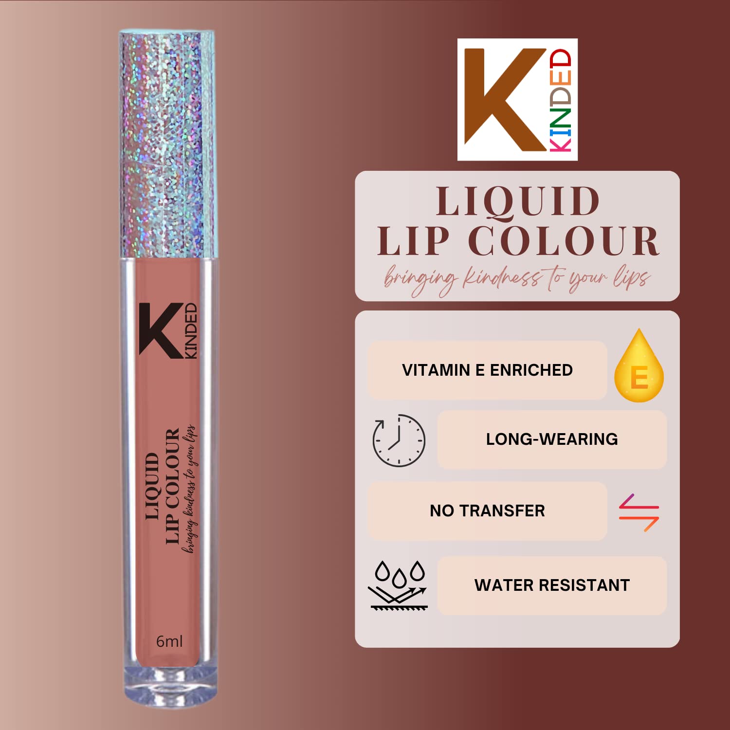KINDED Liquid Lipstick - Vitamin E Enriched, Waterproof, Smudge Proof, Long Lasting Matte Lip Color (Rust Crust, 6ml) | Transfer Resistant Lip Gloss for Women & Girls | Perfect for Parties, Date Nights & Everyday Wear