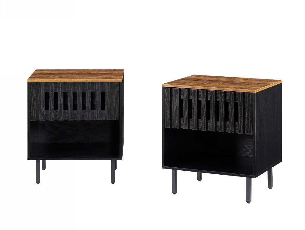 2 Set Mid Century Modern Nightstands with Grille Striped Doors - Bedside Tables with Slatted Drawers & Metal Legs - Stylish End Tables for Bedroom Decor | Perfect for Small Spaces, Guest Rooms & Apartment Living