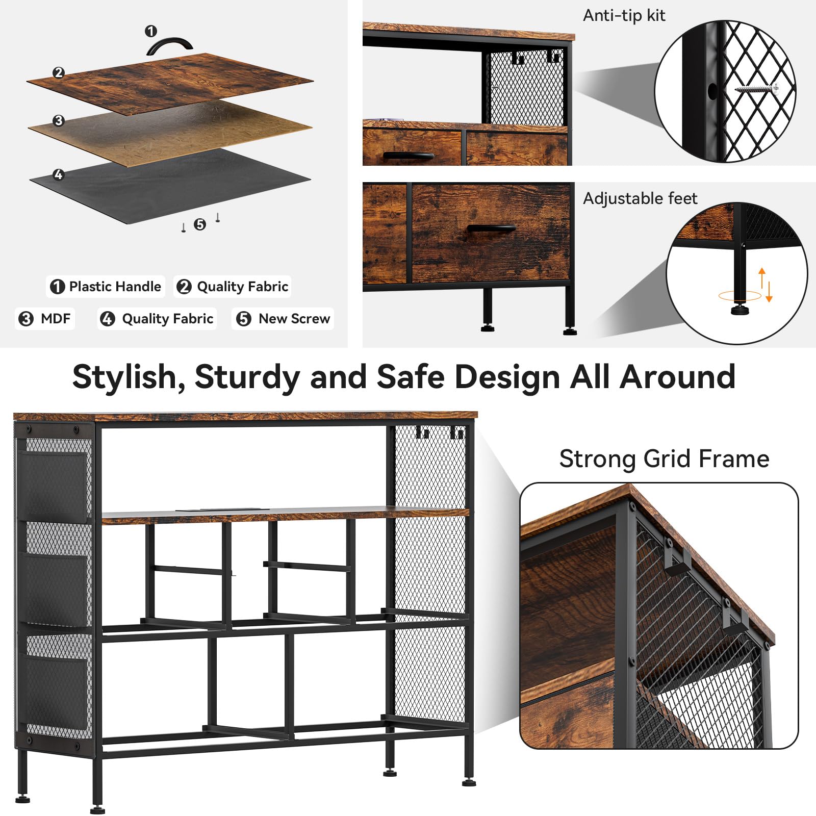 Modern 6-Drawer Dresser with Power Outlets & LED Lights - Rustic Brown TV Stand for Bedroom, Wide Storage Cabinet with Shelves, Side Pockets & Hooks - Holds 45