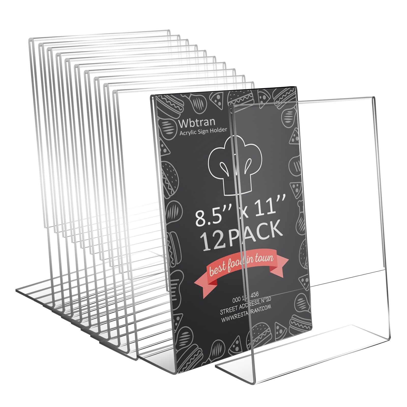 Clear Acrylic Sign Holder 8.5 x 11 Inches - 12 Pack Slanted Tabletop Display Stand for Office, Restaurant, or Home Use - Perfect for Menus, Price Tags, Promotions & Information Signs