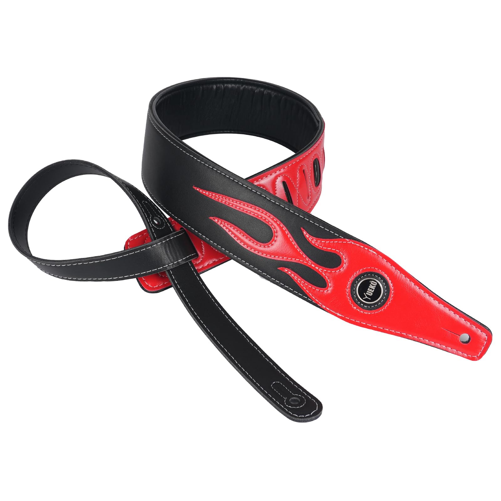 Premium Leather Guitar Strap with Red Flame Design - Adjustable & Comfortable for Electric, Acoustic, and Bass Guitars | Perfect for Stage Performances, Studio Sessions & Live Gigs (A5-Red Flame Black)