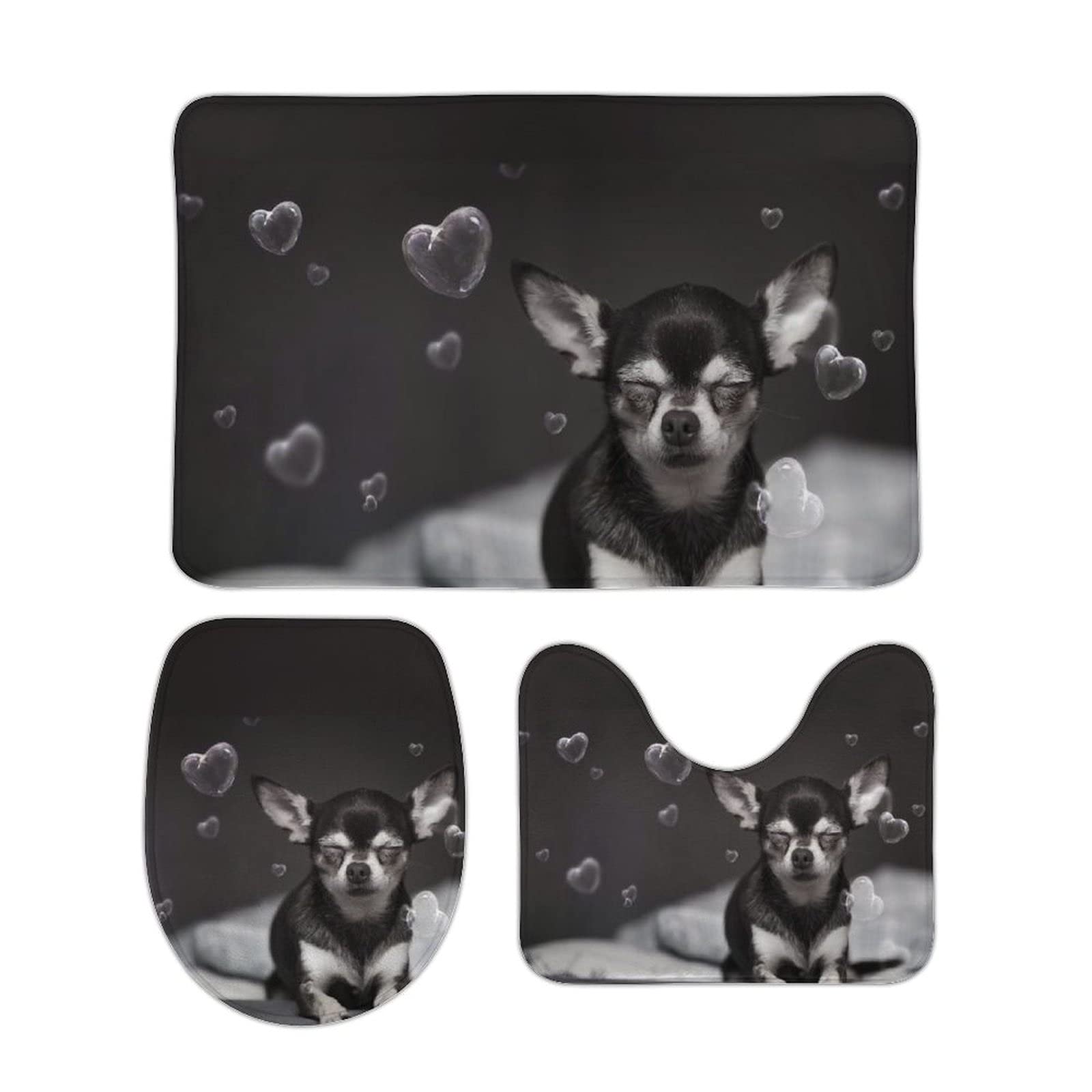 Non-Slip Chihuahua with Hearts Coral Velvet Bathroom Rug Set - 3 Piece U-Shaped Toilet Mat, Lid Cover & Floor Mat for Pet Lovers - Cozy Bathroom Decor for Small Spaces
