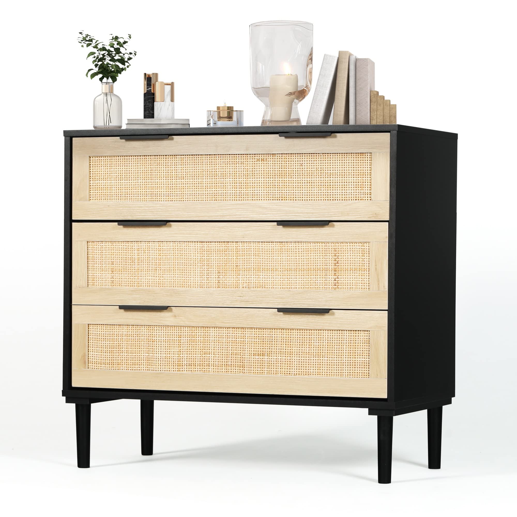 Modern 3-Drawer Rattan Dresser for Bedroom - Wooden Storage Cabinet with Woven Design, Chest of Drawers for Closet Organization - Perfect as Bedside Table, Living Room, Entryway or Hallway Furniture (Black) - Ideal for Small Space Storage & Home Decor